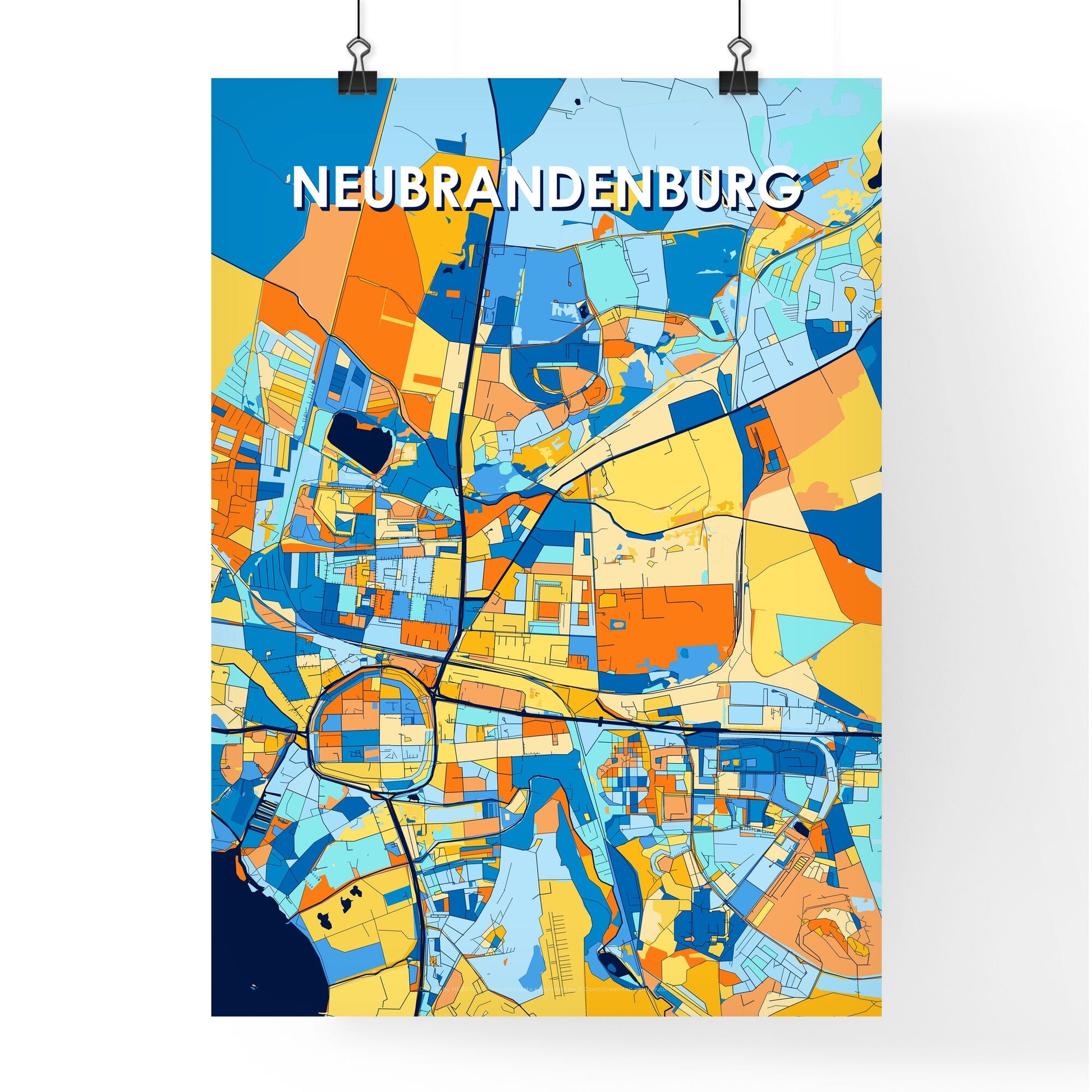 NEUBRANDENBURG GERMANY Vibrant Colorful Art Map Poster Blue Orange