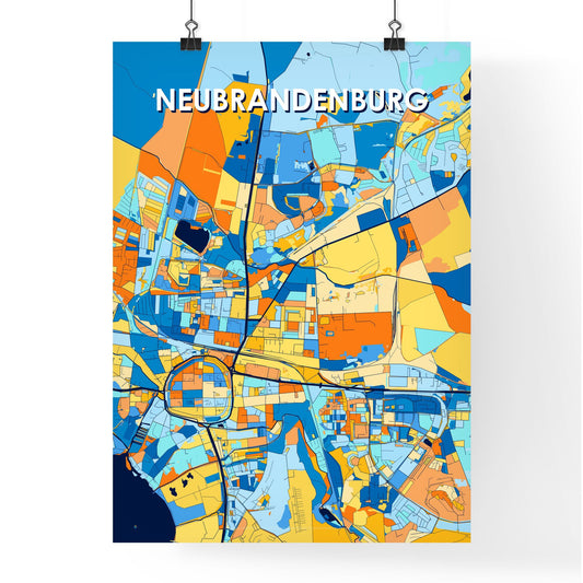 NEUBRANDENBURG GERMANY Vibrant Colorful Art Map Poster Blue Orange