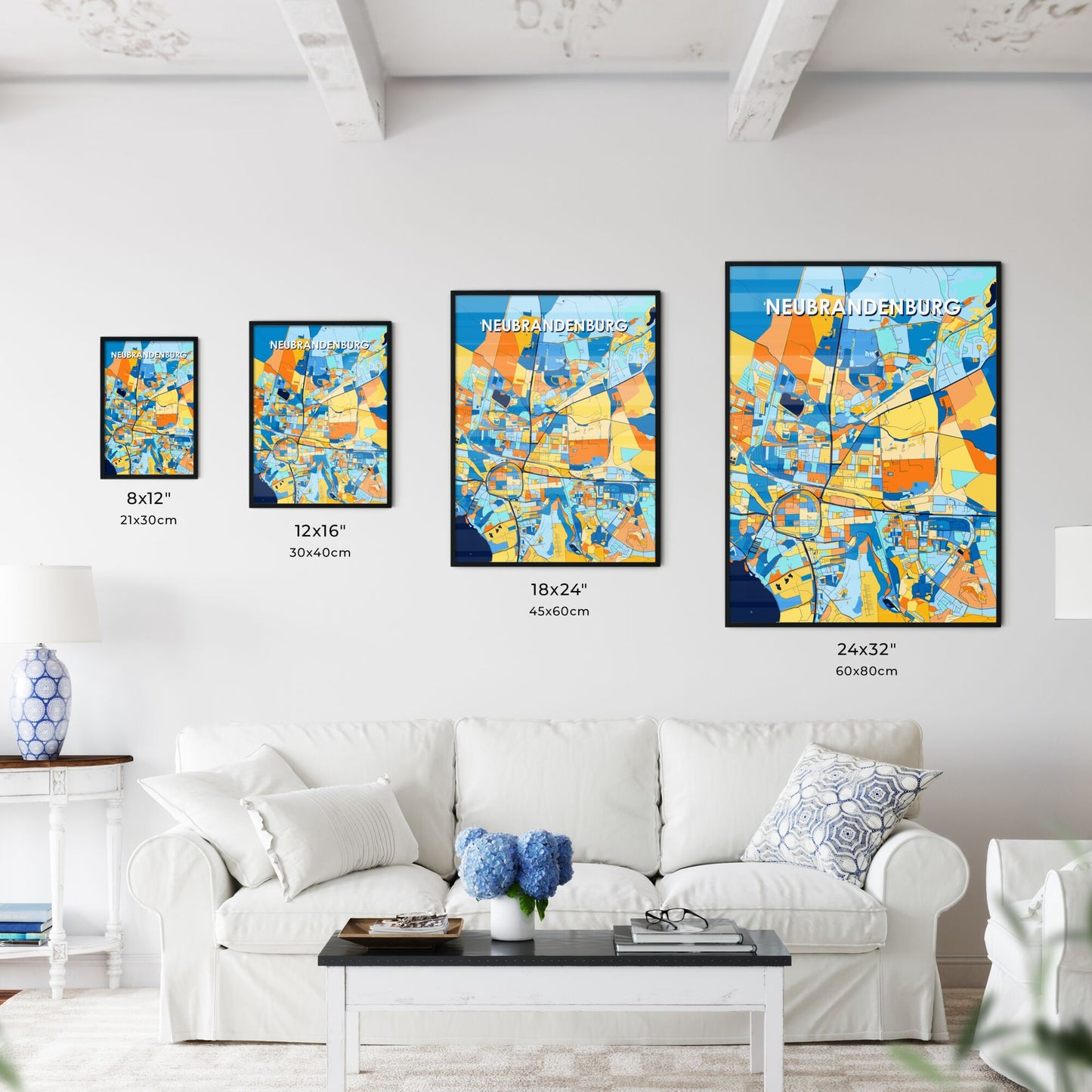 NEUBRANDENBURG GERMANY Vibrant Colorful Art Map Poster Blue Orange