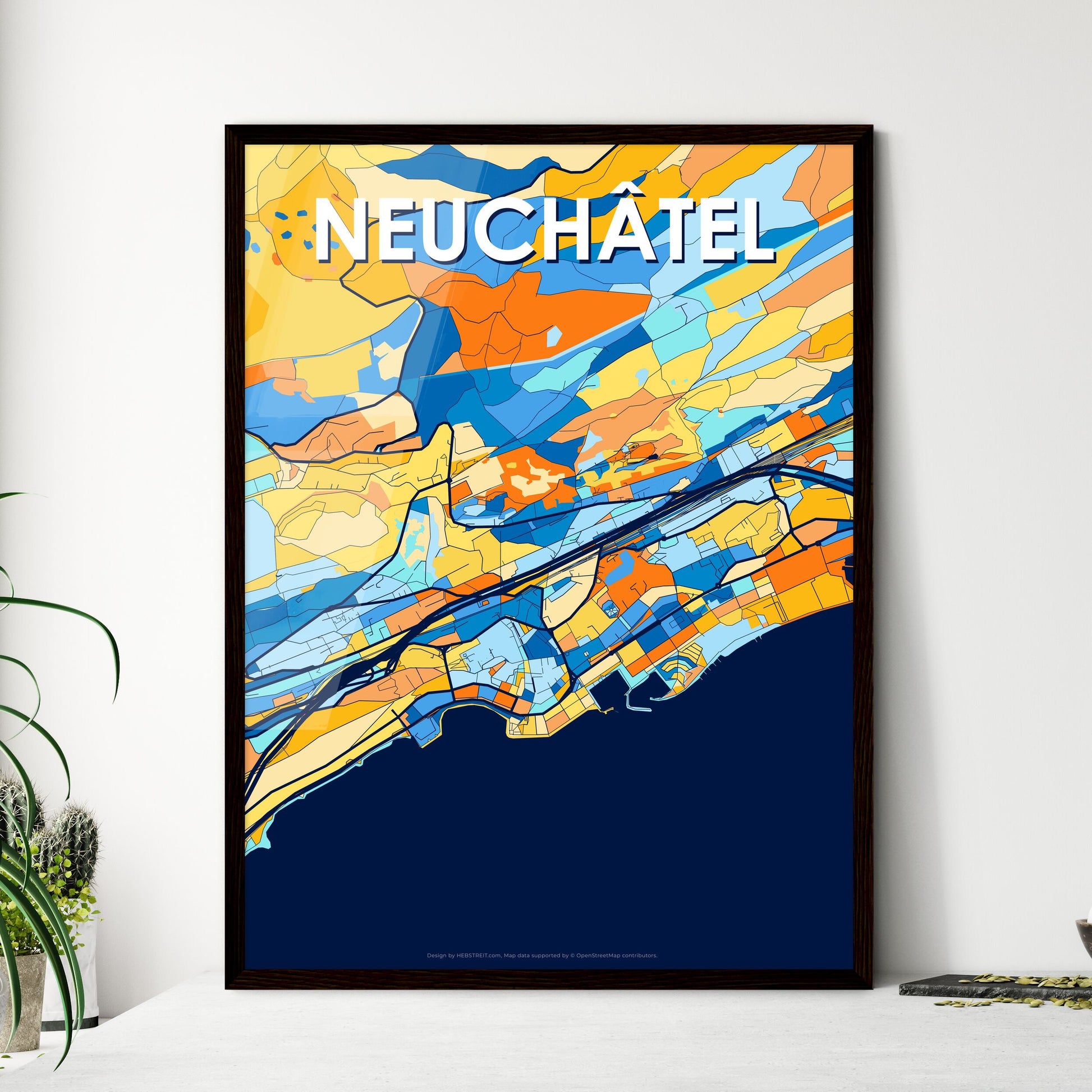 NEUCHÂTEL SWITZERLAND Vibrant Colorful Art Map Poster Blue Orange