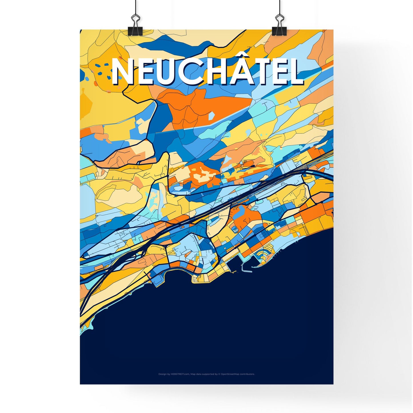 NEUCHÂTEL SWITZERLAND Vibrant Colorful Art Map Poster Blue Orange