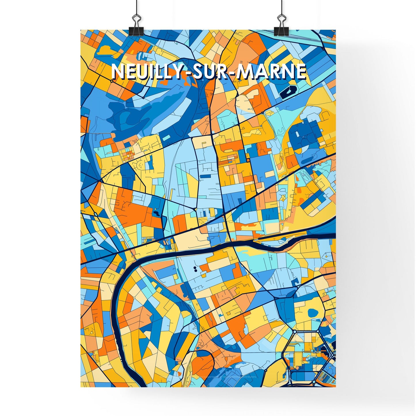 NEUILLY-SUR-MARNE FRANCE Vibrant Colorful Art Map Poster Blue Orange