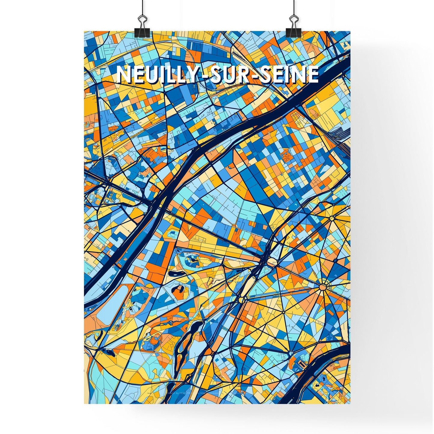 NEUILLY-SUR-SEINE FRANCE Vibrant Colorful Art Map Poster Blue Orange