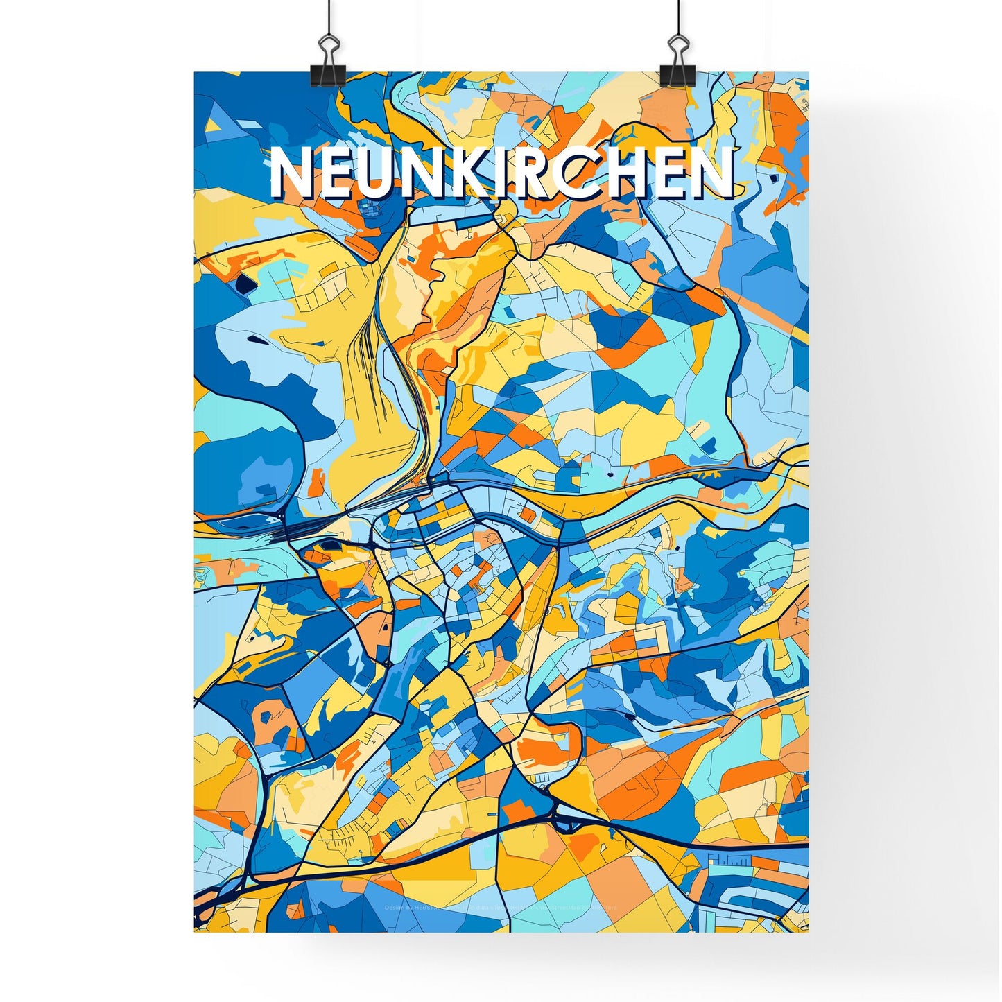 NEUNKIRCHEN GERMANY Vibrant Colorful Art Map Poster Blue Orange