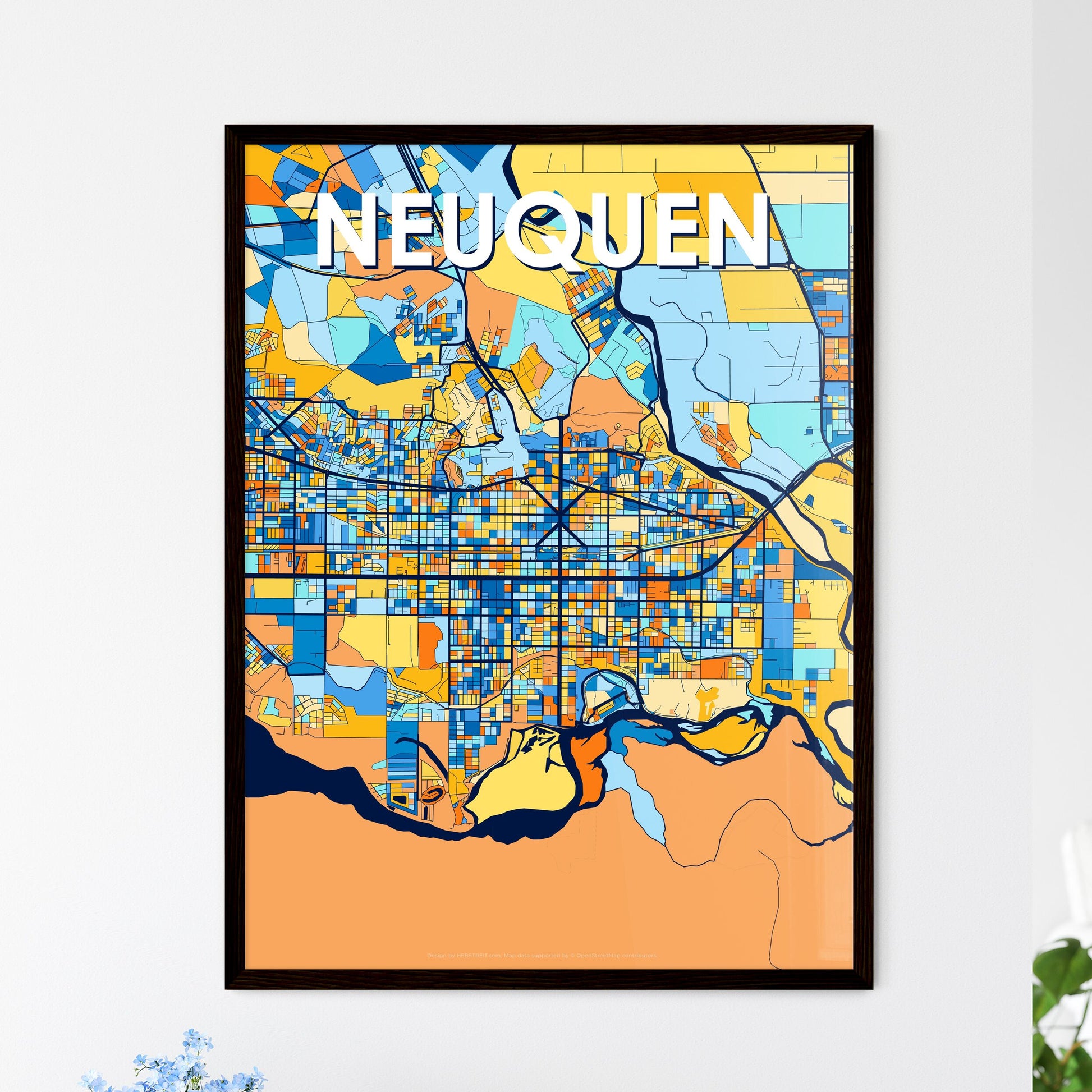 NEUQUEN ARGENTINA Vibrant Colorful Art Map Poster Blue Orange