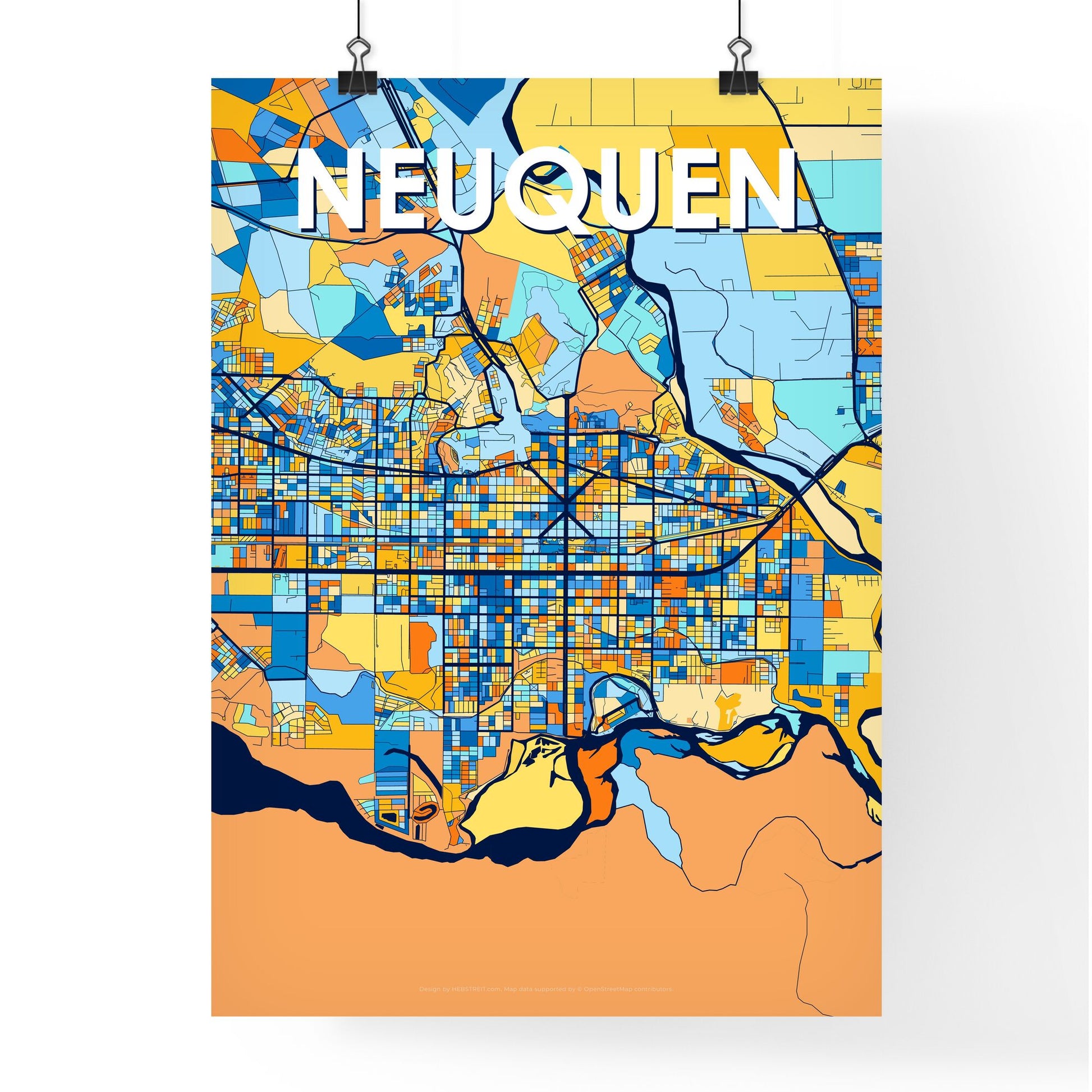 NEUQUEN ARGENTINA Vibrant Colorful Art Map Poster Blue Orange