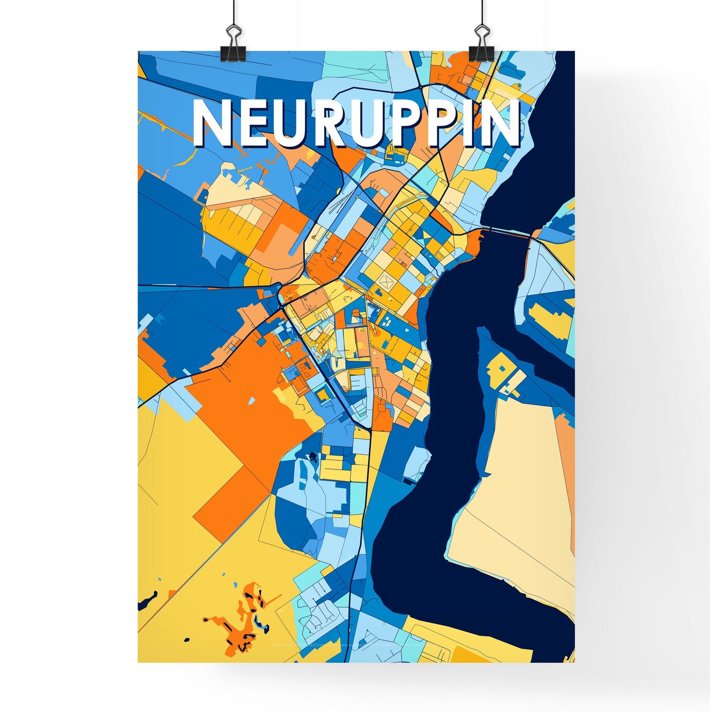 NEURUPPIN GERMANY Vibrant Colorful Art Map Poster Blue Orange