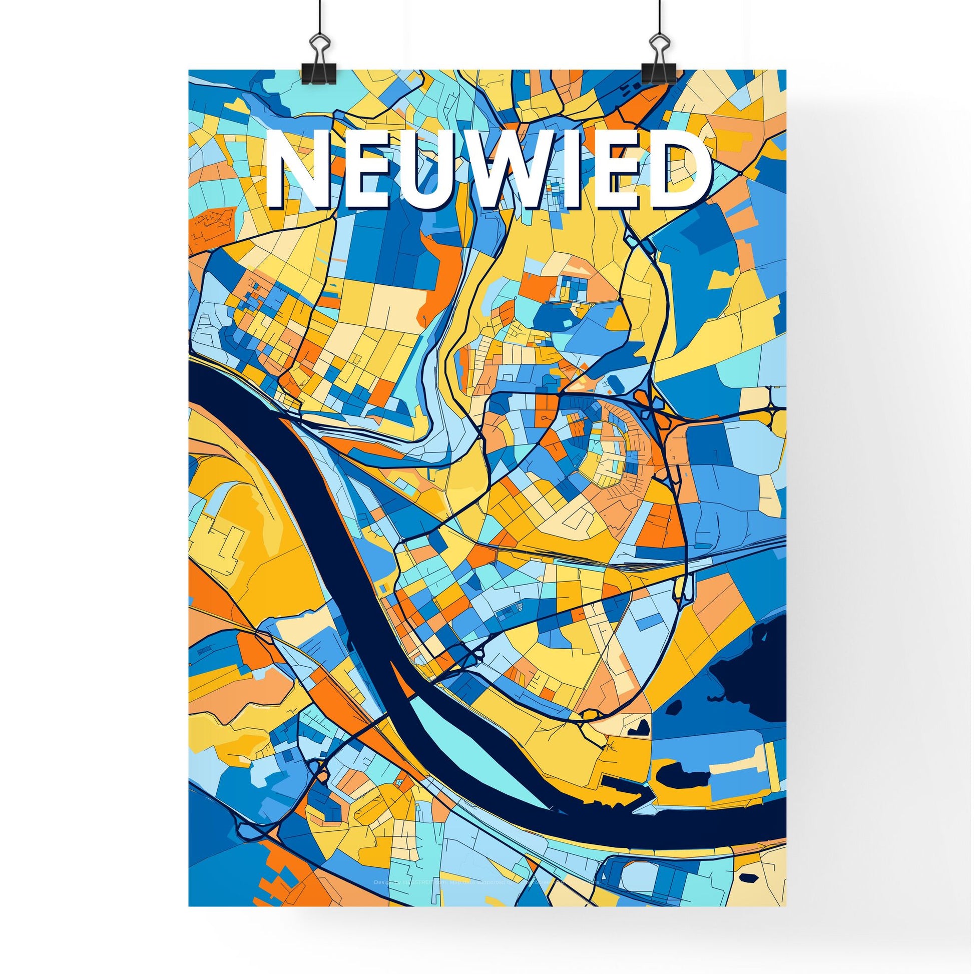 NEUWIED GERMANY Vibrant Colorful Art Map Poster Blue Orange