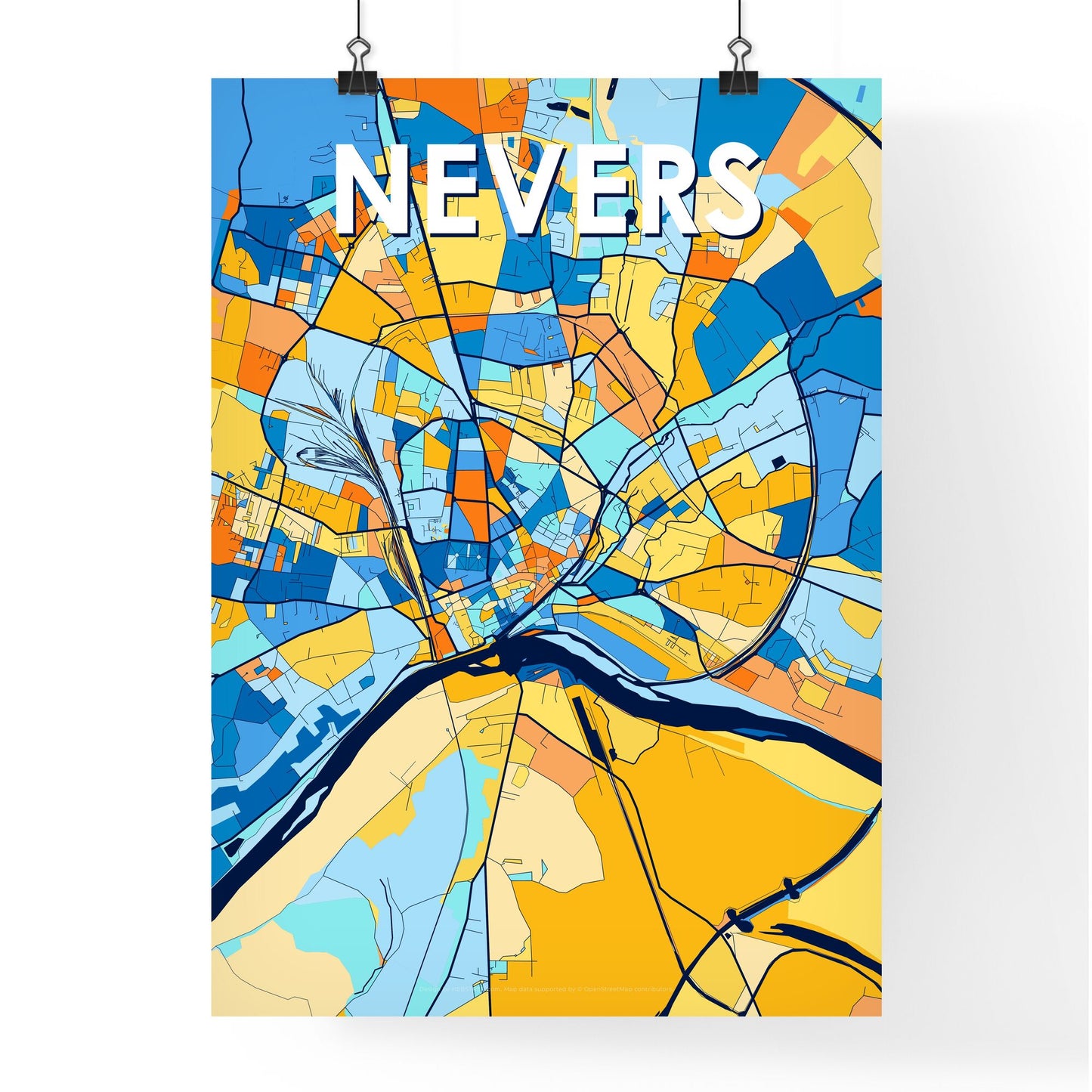 NEVERS FRANCE Vibrant Colorful Art Map Poster Blue Orange