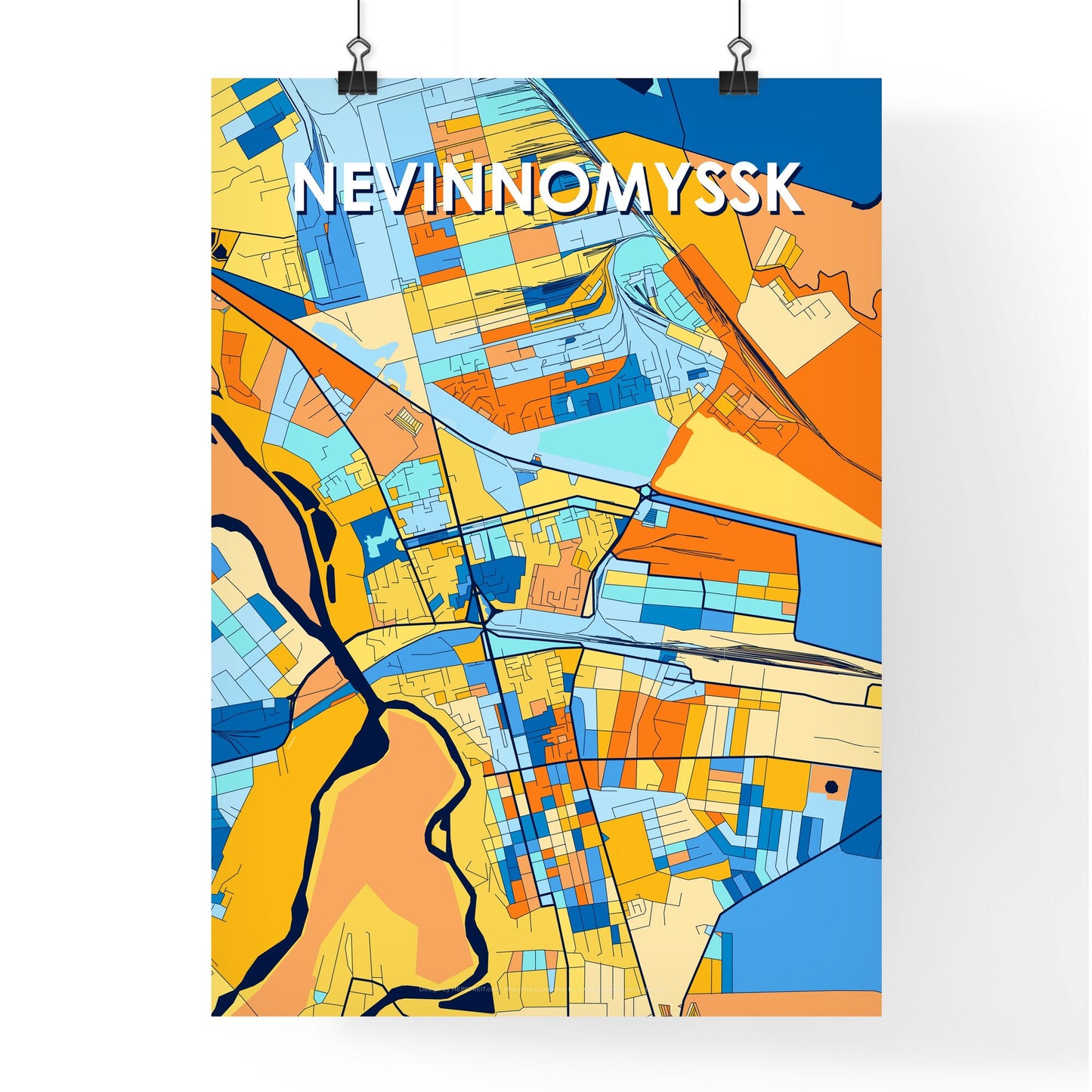 NEVINNOMYSSK RUSSIA Vibrant Colorful Art Map Poster Blue Orange