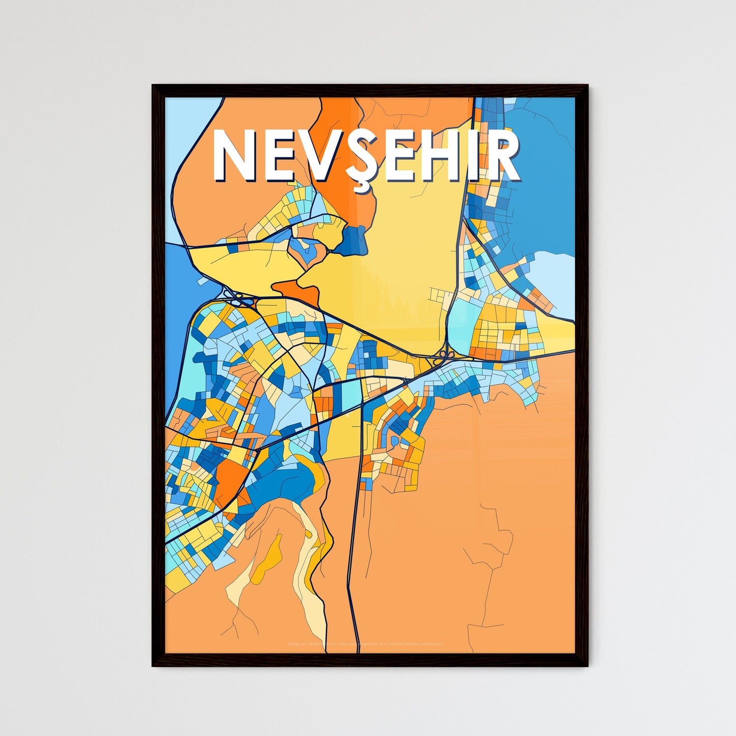 NEVŞEHIR TURKEY Vibrant Colorful Art Map Poster Blue Orange