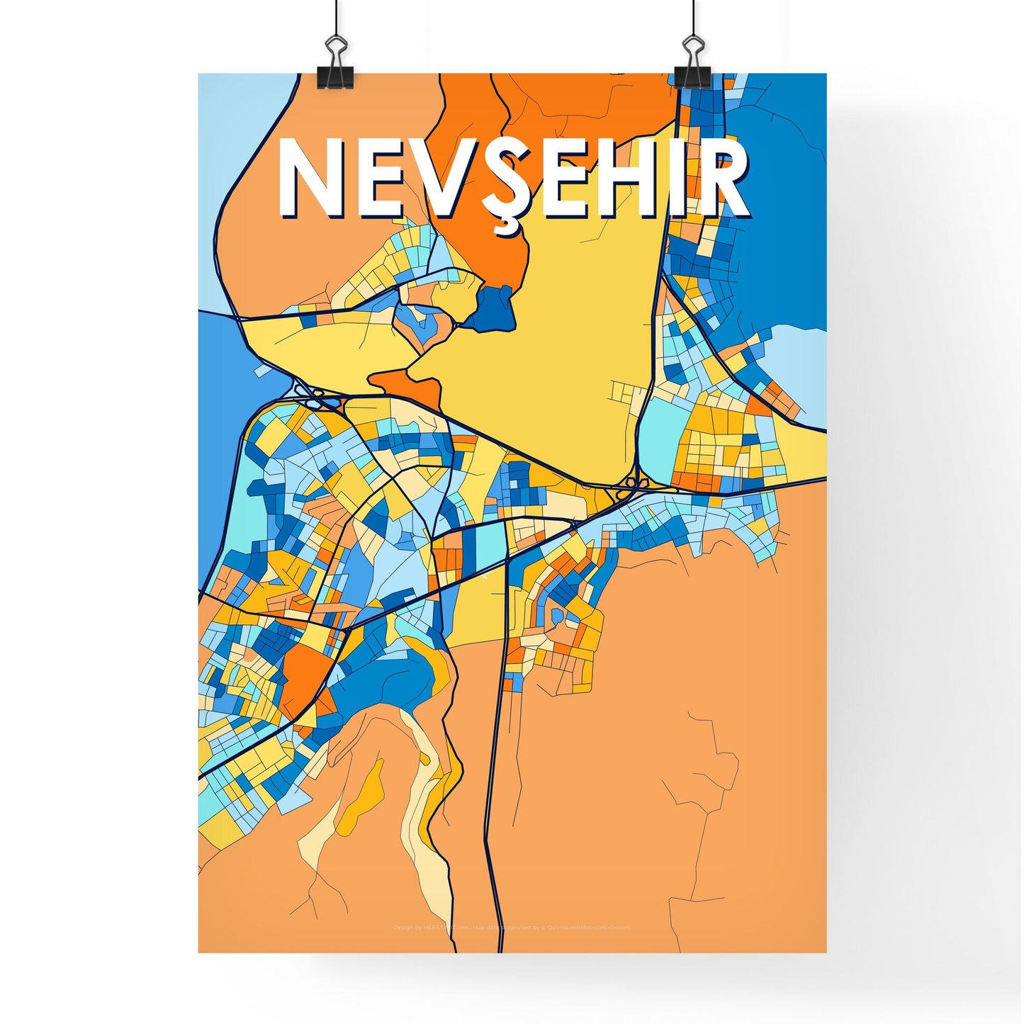 NEVŞEHIR TURKEY Vibrant Colorful Art Map Poster Blue Orange