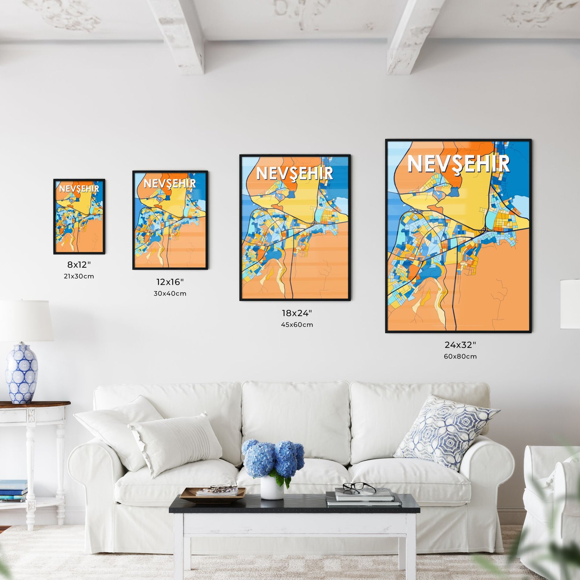 NEVŞEHIR TURKEY Vibrant Colorful Art Map Poster Blue Orange