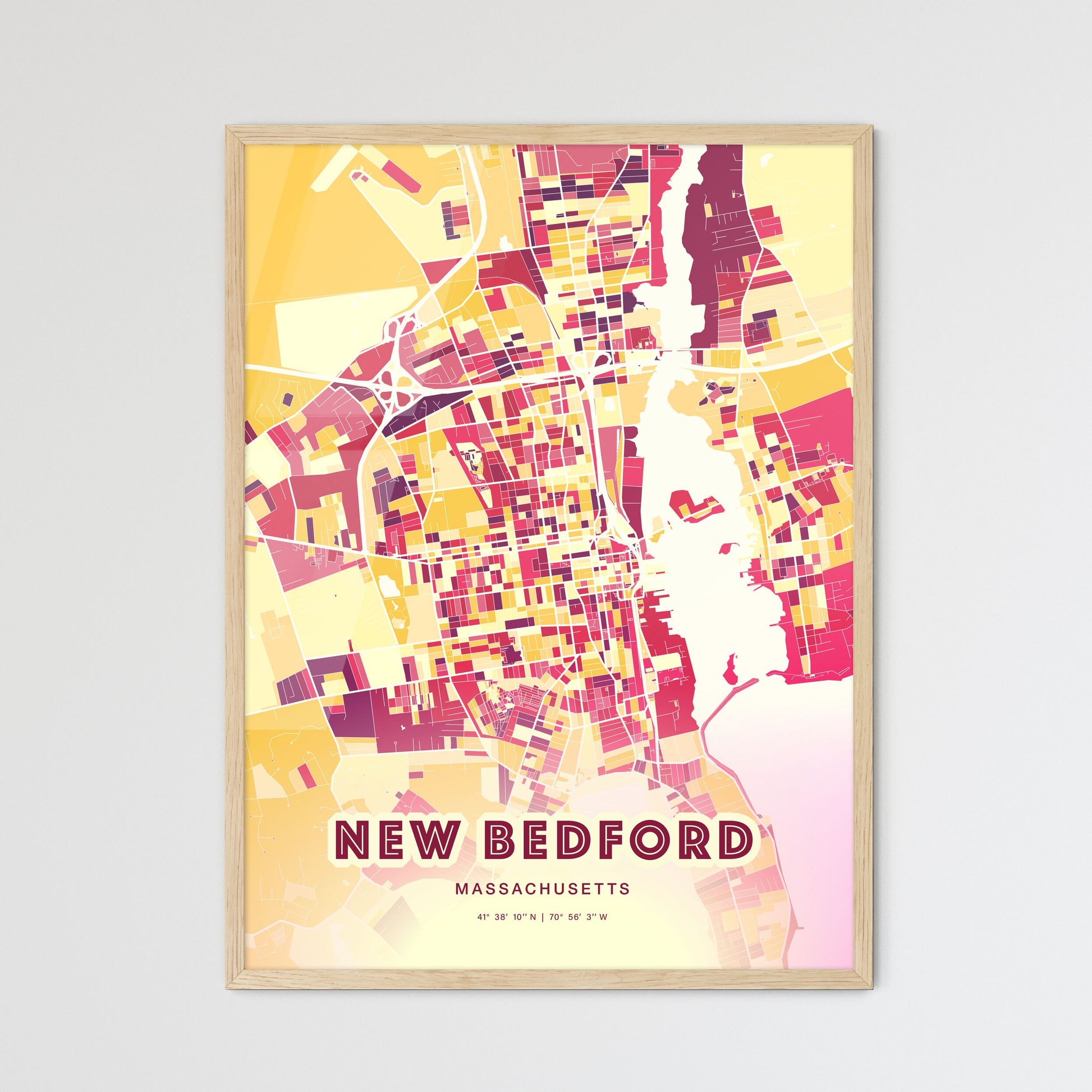 Colorful New Bedford Massachusetts Fine Art Map Hot Red