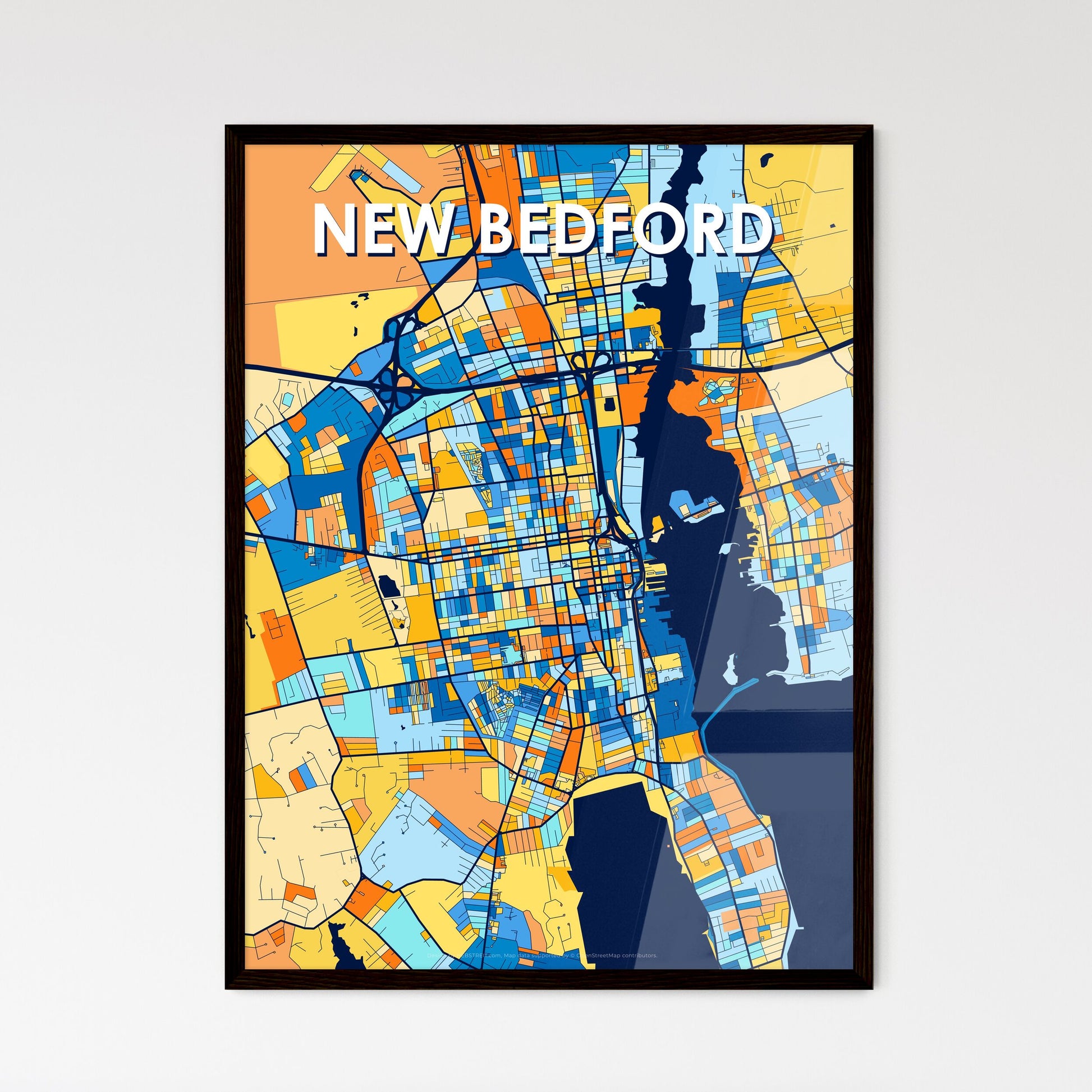 NEW BEDFORD MASSACHUSETTS Vibrant Colorful Art Map Poster Blue Orange