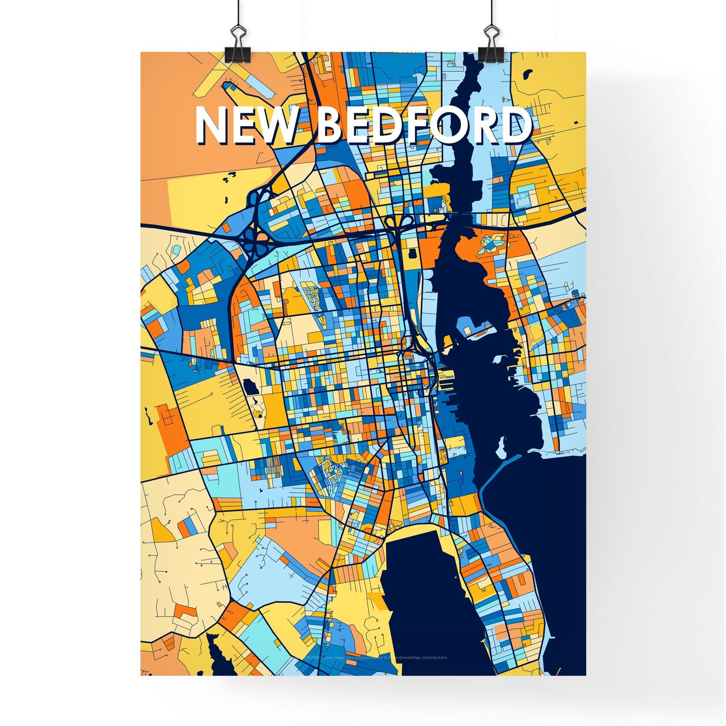 NEW BEDFORD MASSACHUSETTS Vibrant Colorful Art Map Poster Blue Orange