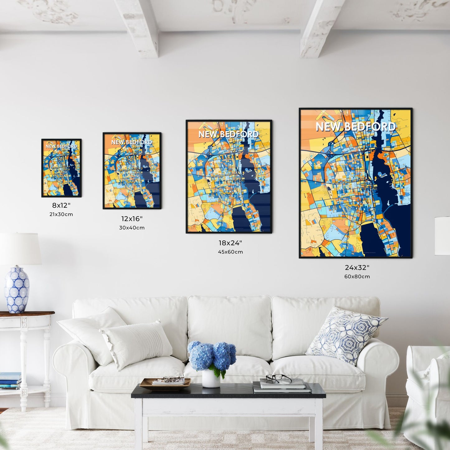 NEW BEDFORD MASSACHUSETTS Vibrant Colorful Art Map Poster Blue Orange