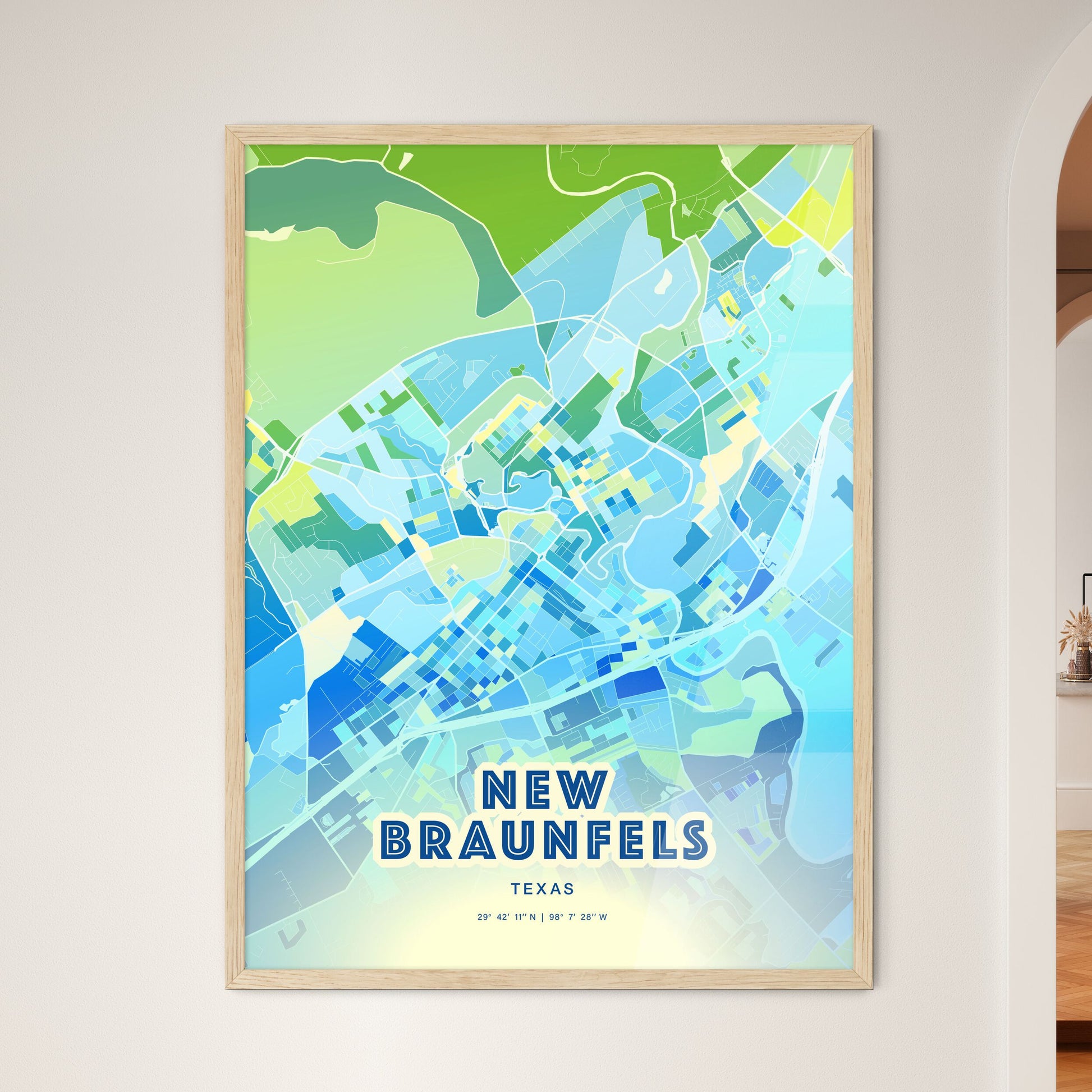 Colorful New Braunfels Texas Fine Art Map Cool Blue