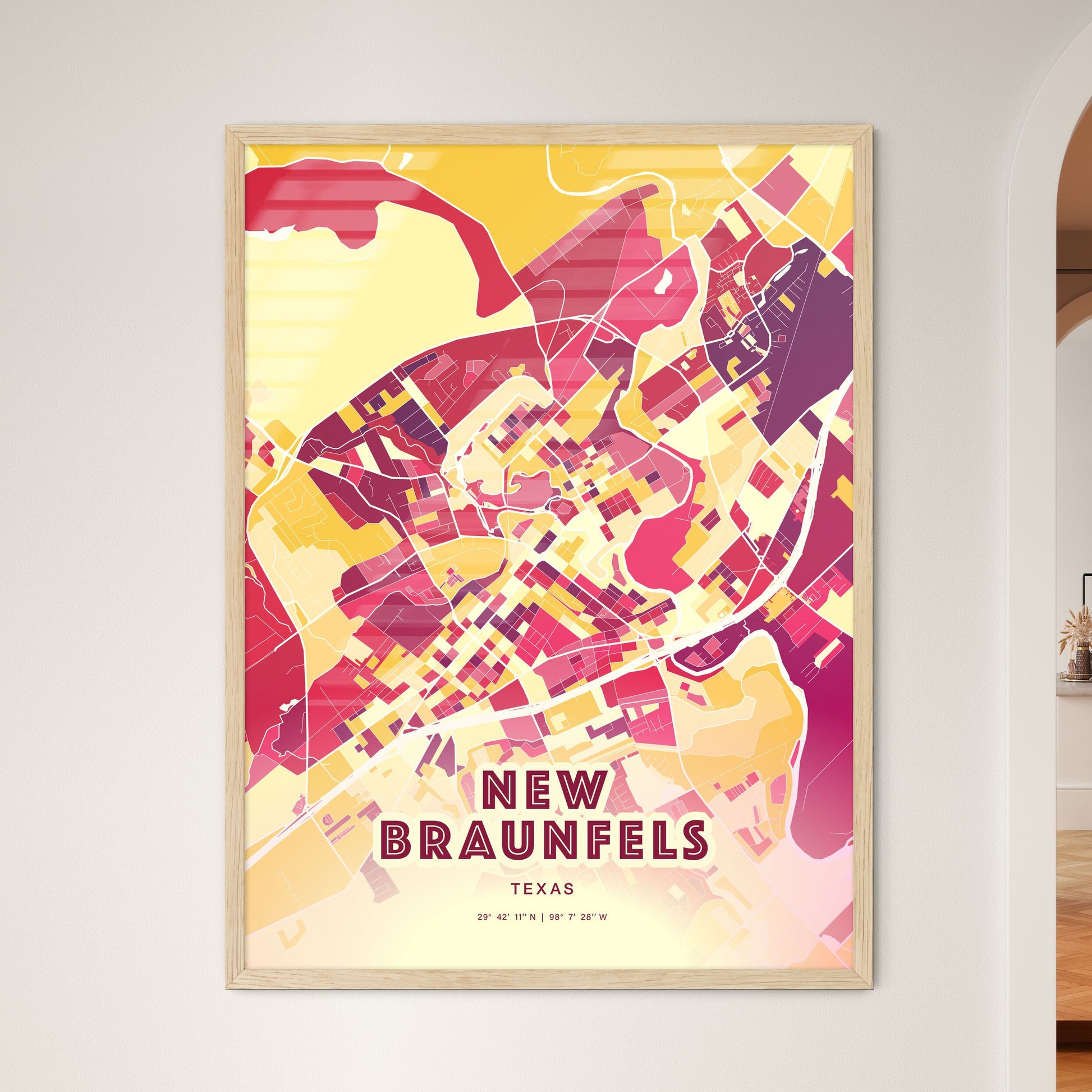 Colorful New Braunfels Texas Fine Art Map Hot Red