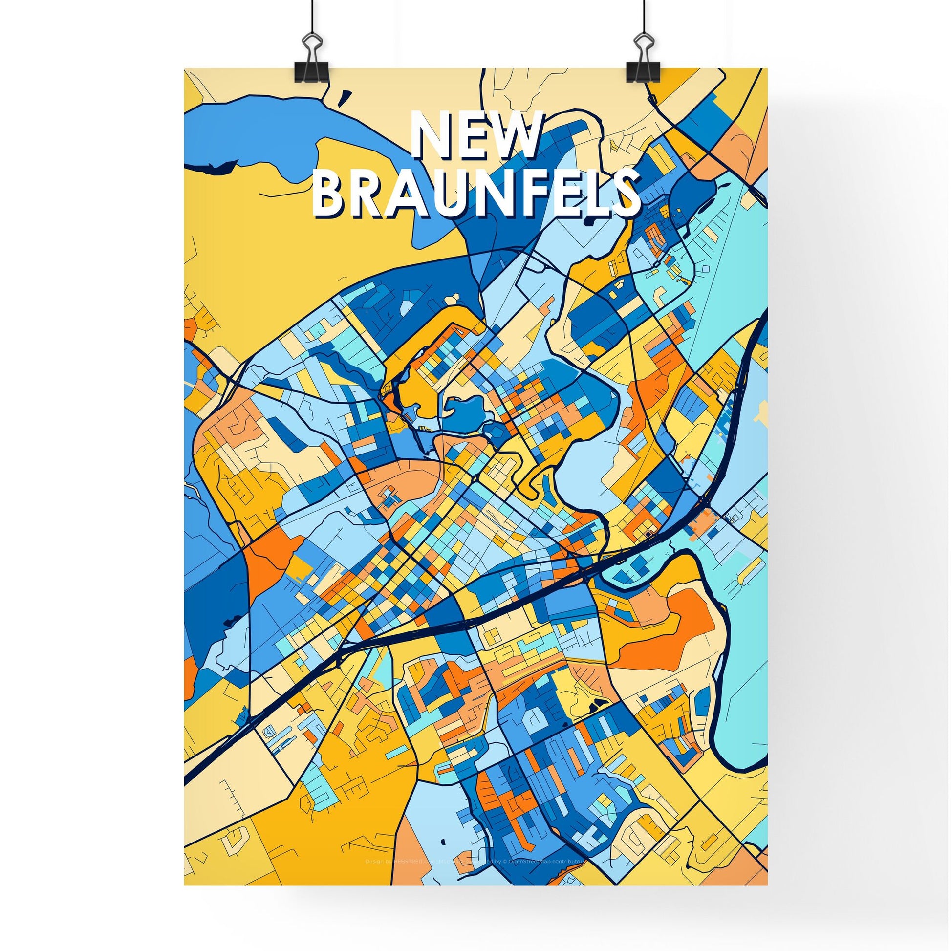 NEW BRAUNFELS TEXAS Vibrant Colorful Art Map Poster Blue Orange