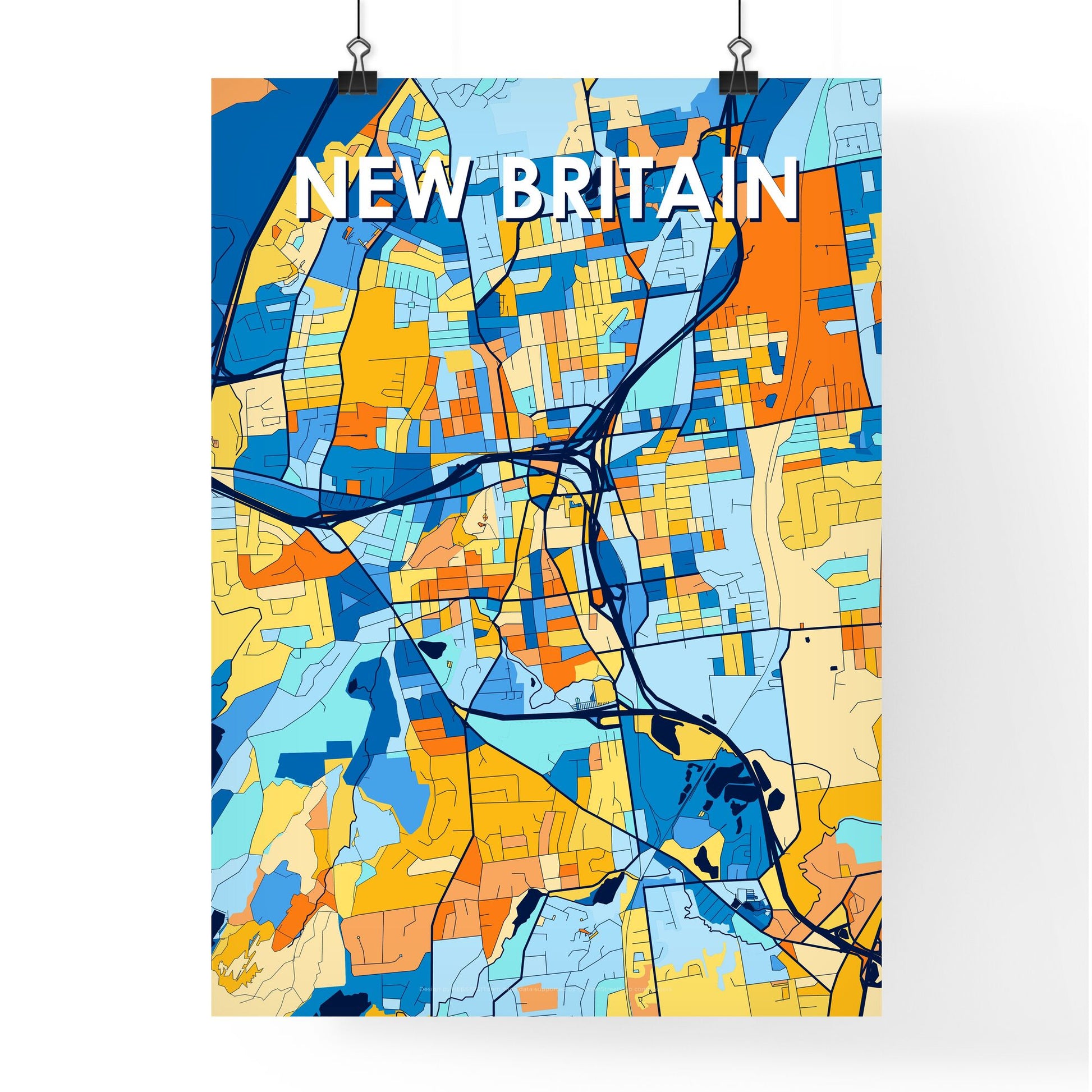 NEW BRITAIN CONNECTICUT Vibrant Colorful Art Map Poster Blue Orange