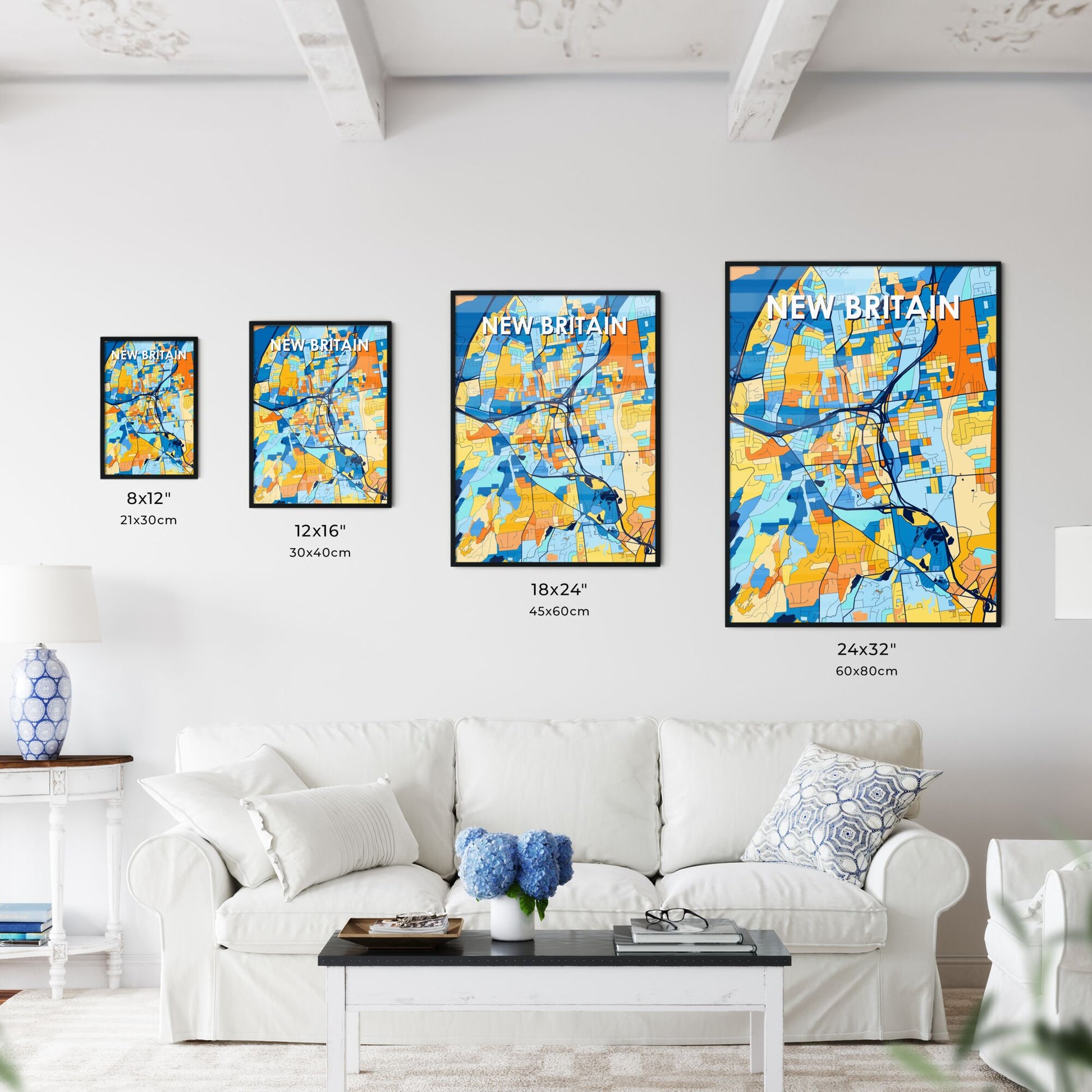 NEW BRITAIN CONNECTICUT Vibrant Colorful Art Map Poster Blue Orange