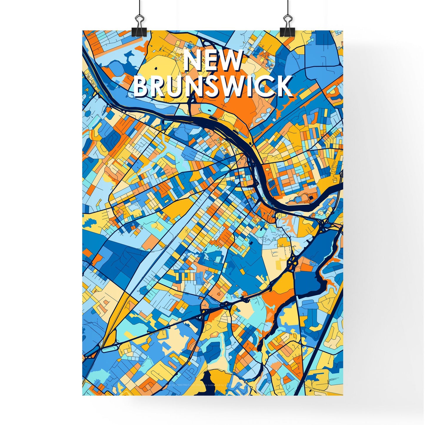 NEW BRUNSWICK NEW JERSEY Vibrant Colorful Art Map Poster Blue Orange