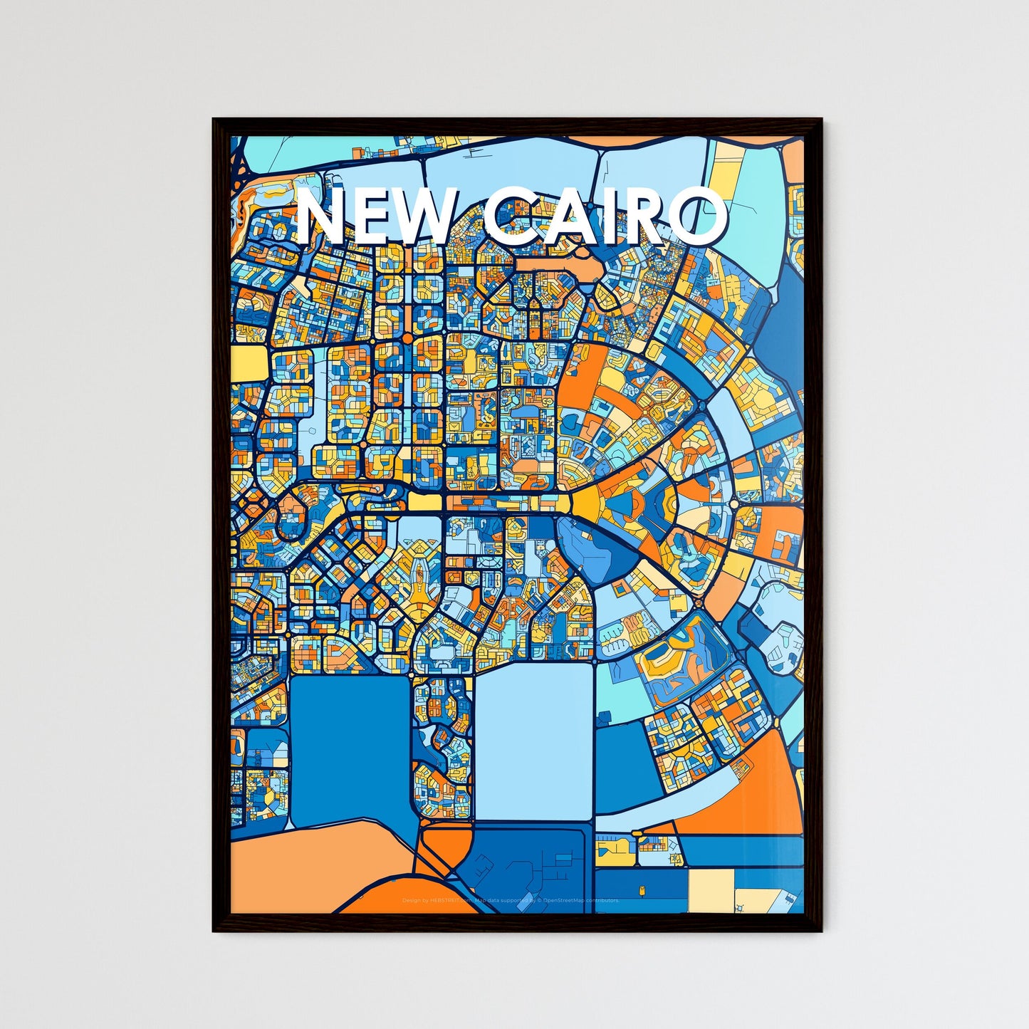 NEW CAIRO EGYPT Vibrant Colorful Art Map Poster Blue Orange