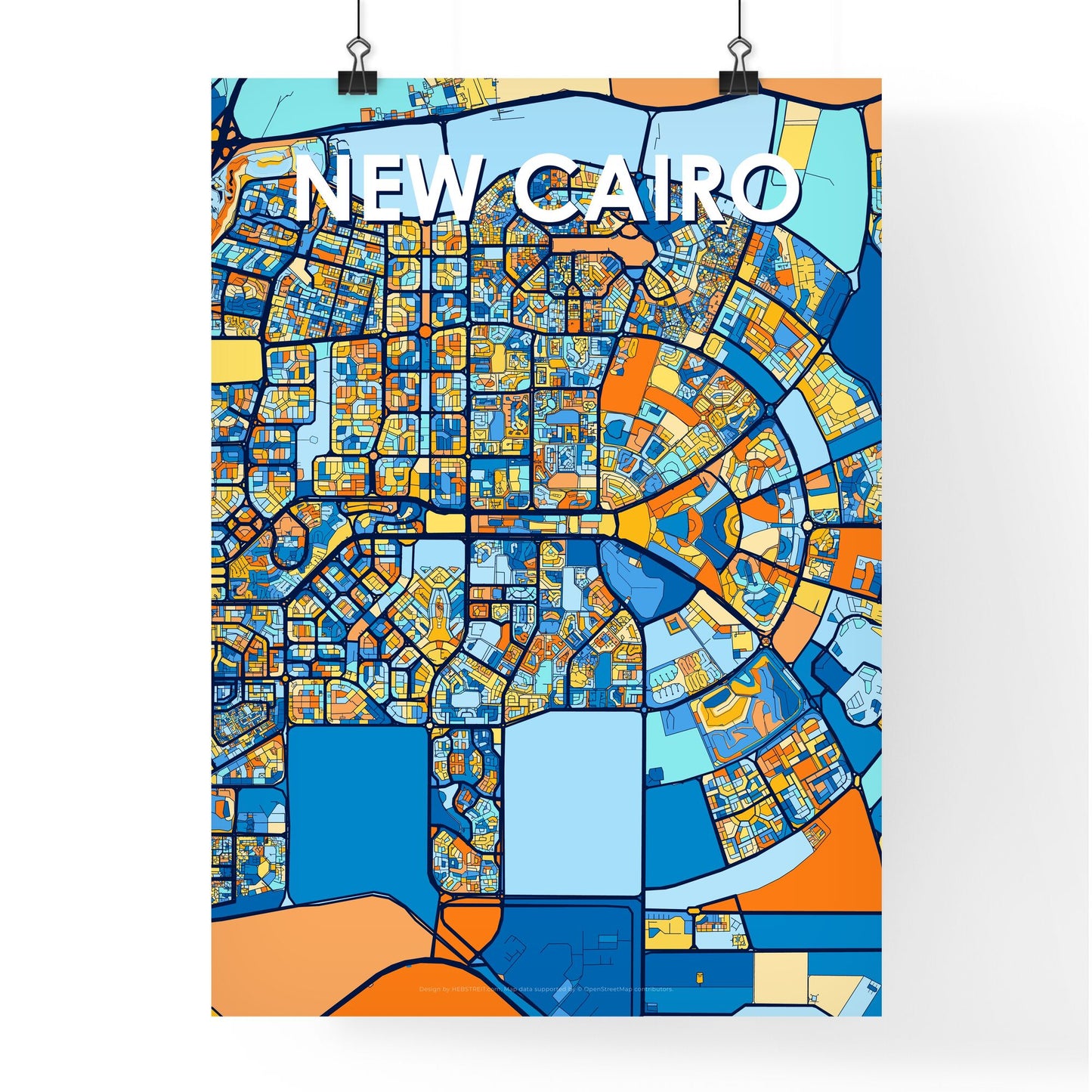 NEW CAIRO EGYPT Vibrant Colorful Art Map Poster Blue Orange