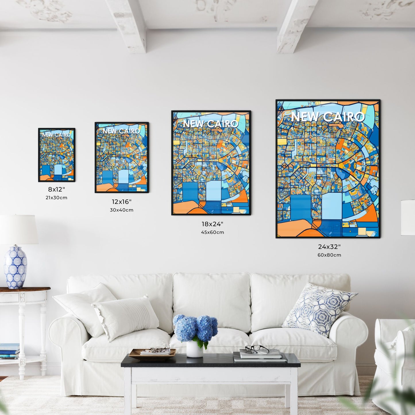 NEW CAIRO EGYPT Vibrant Colorful Art Map Poster Blue Orange