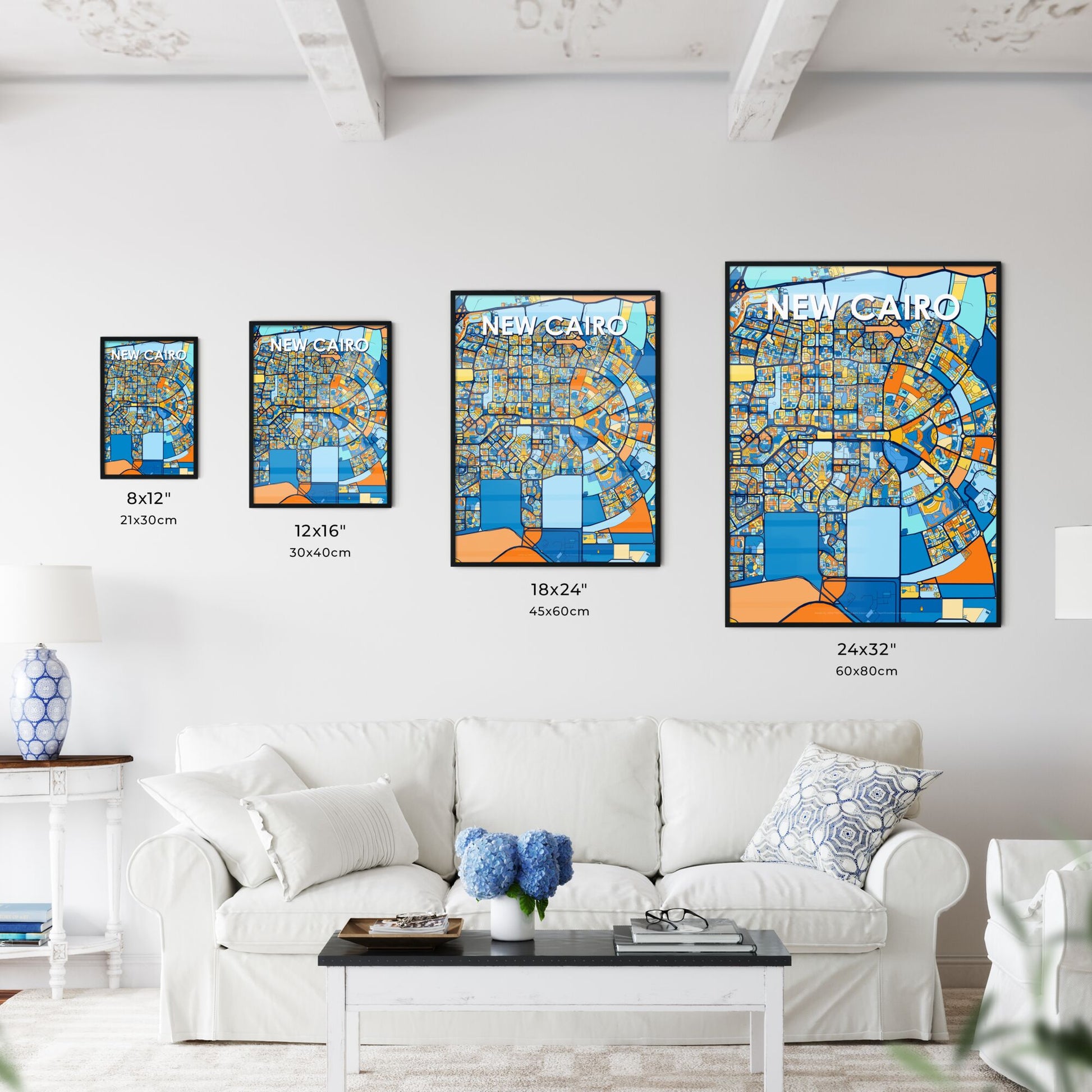 NEW CAIRO EGYPT Vibrant Colorful Art Map Poster Blue Orange