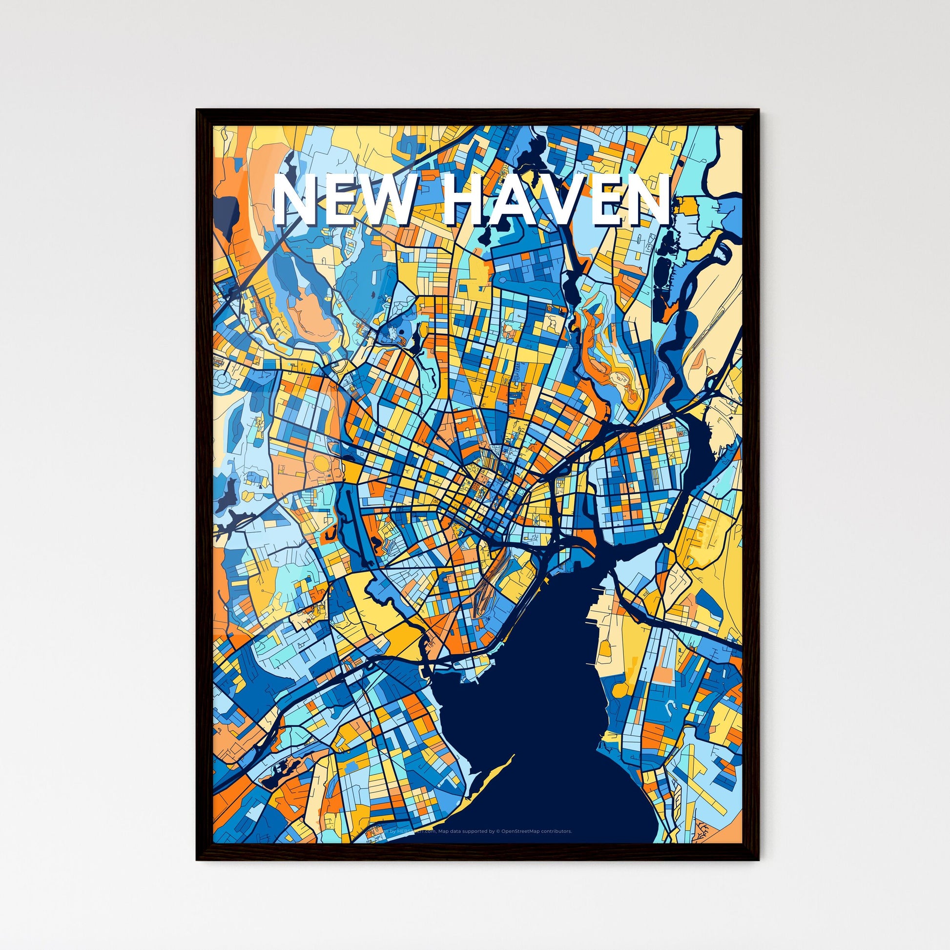 NEW HAVEN CONNECTICUT Vibrant Colorful Art Map Poster Blue Orange