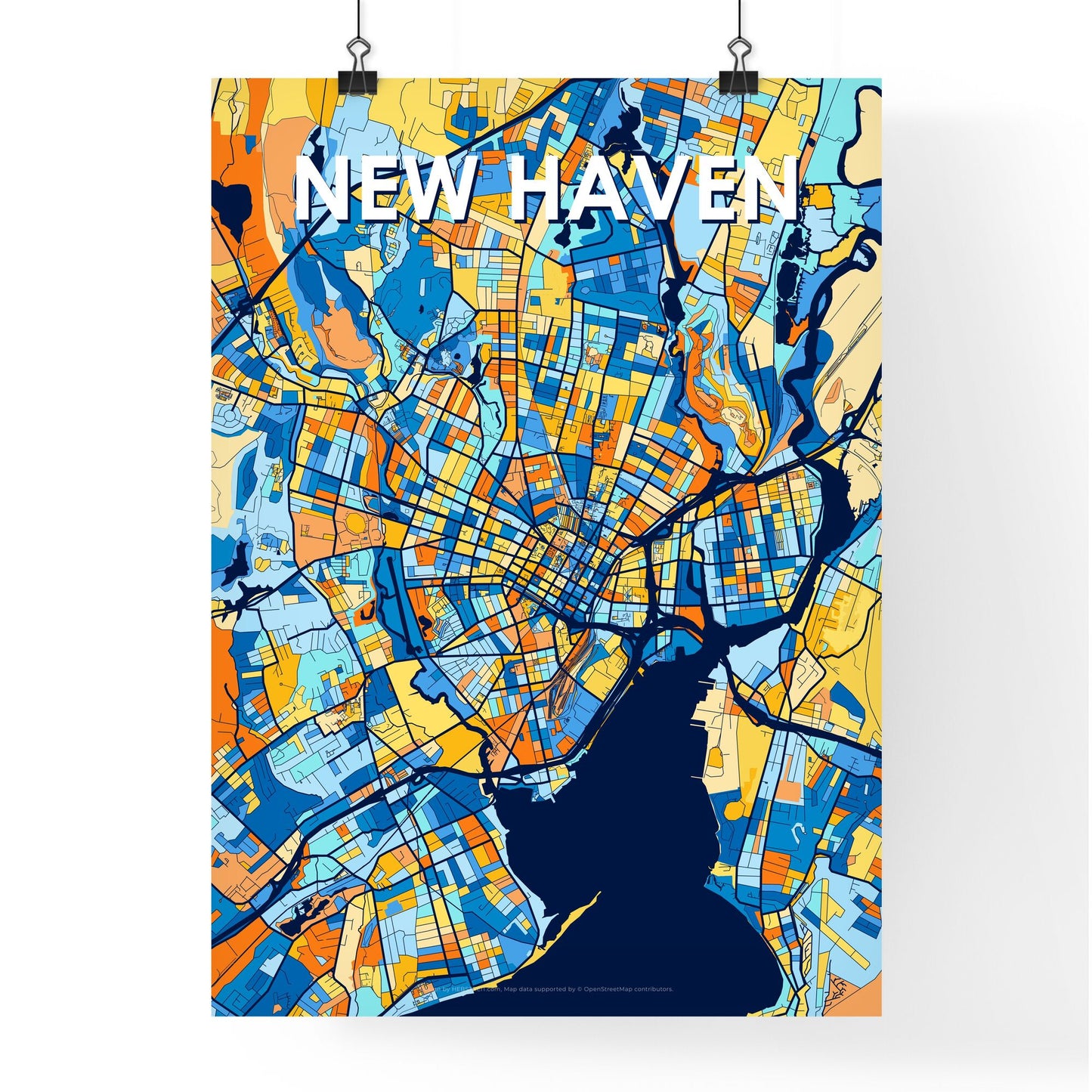 NEW HAVEN CONNECTICUT Vibrant Colorful Art Map Poster Blue Orange