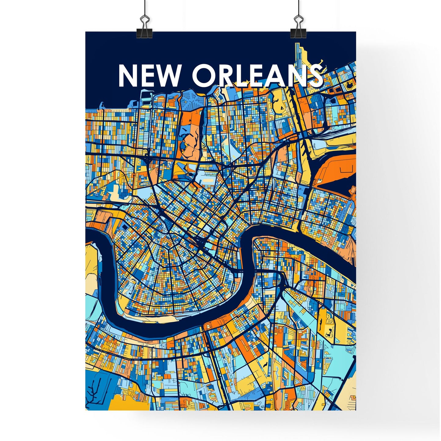 NEW ORLEANS LOUISIANA Vibrant Colorful Art Map Poster Blue Orange