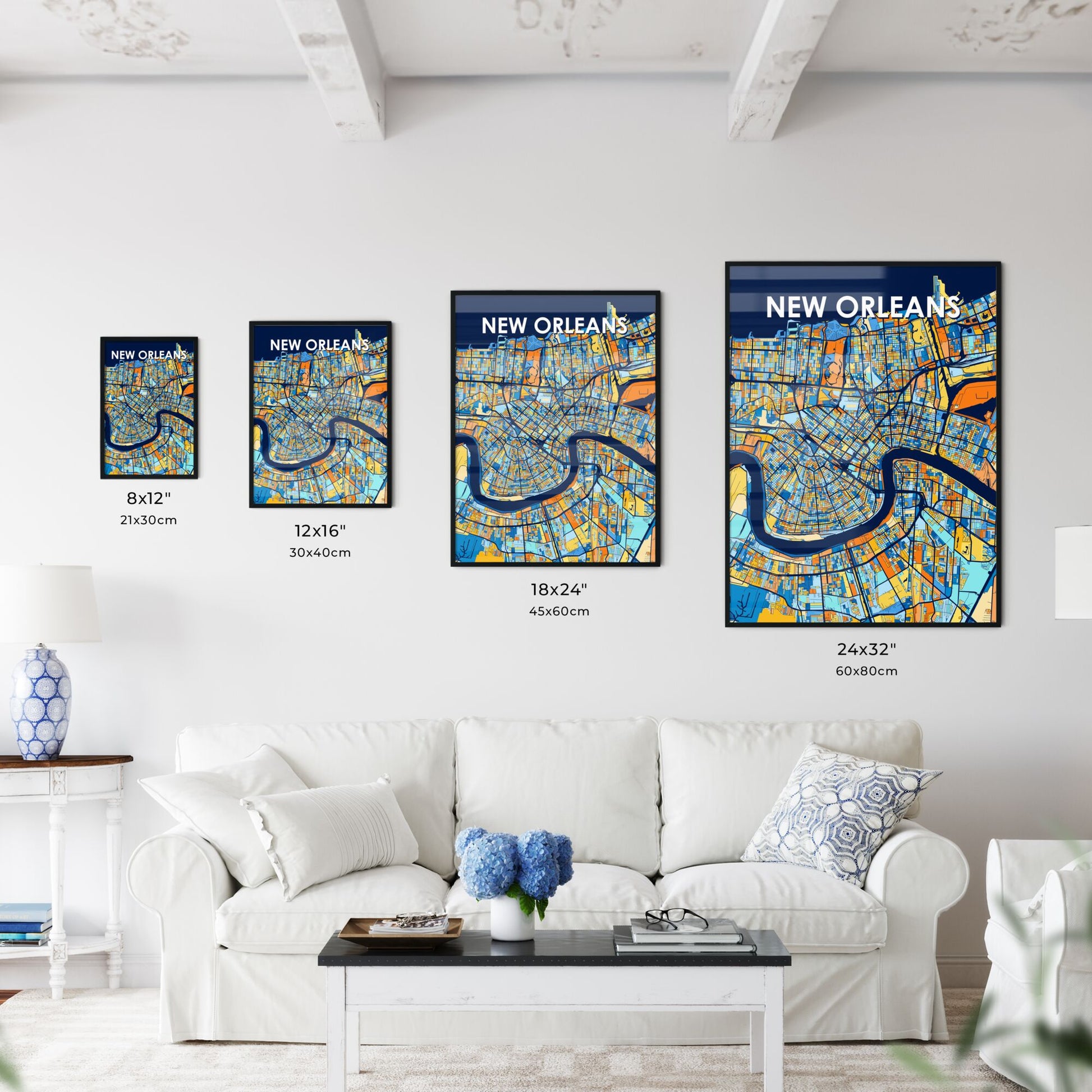 NEW ORLEANS LOUISIANA Vibrant Colorful Art Map Poster Blue Orange