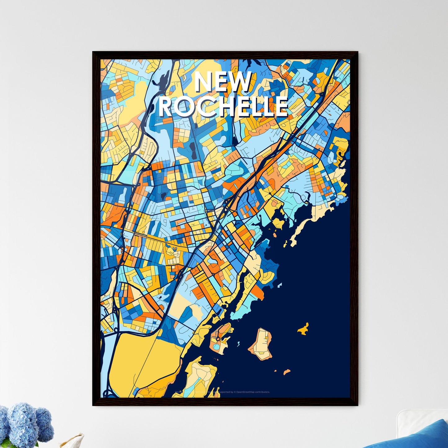 NEW ROCHELLE NEW YORK Vibrant Colorful Art Map Poster Blue Orange