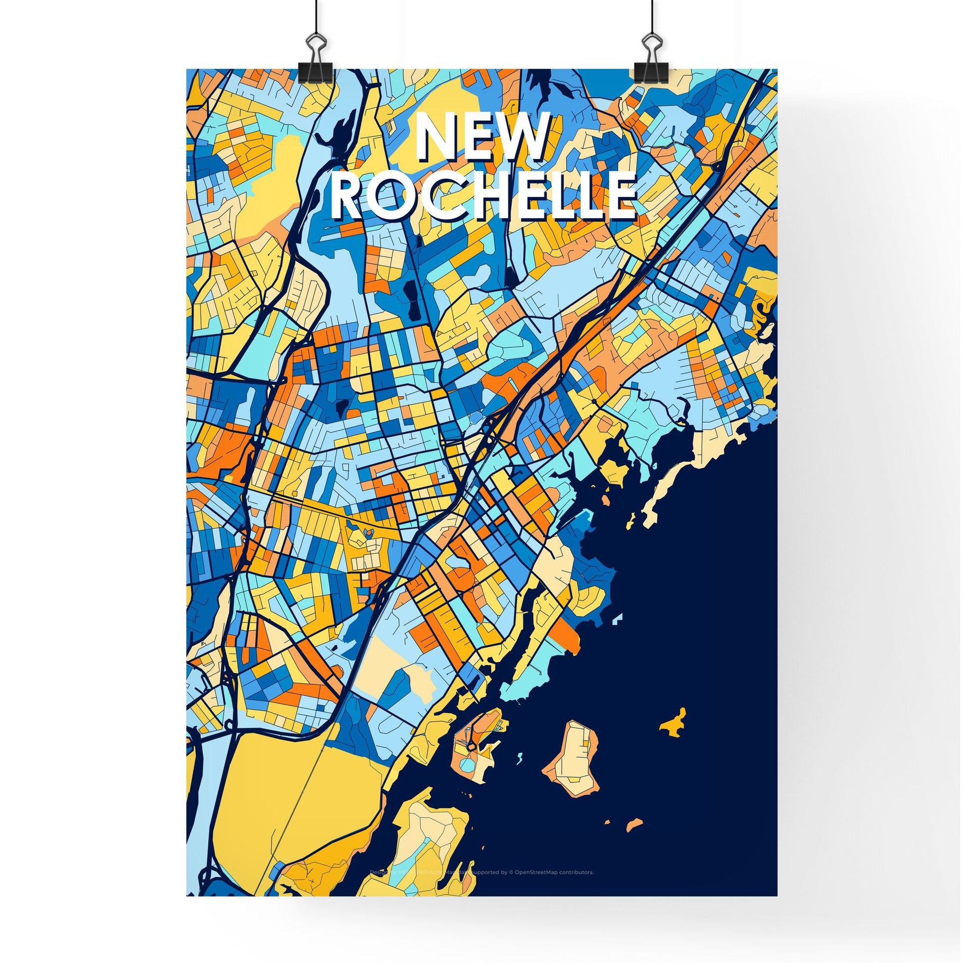 NEW ROCHELLE NEW YORK Vibrant Colorful Art Map Poster Blue Orange