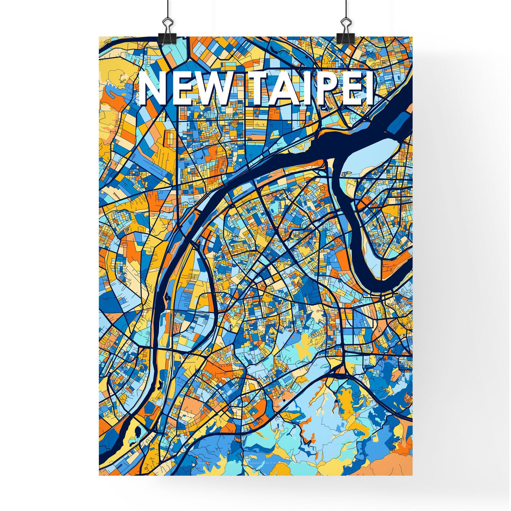 NEW TAIPEI TAIWAN Vibrant Colorful Art Map Poster Blue Orange