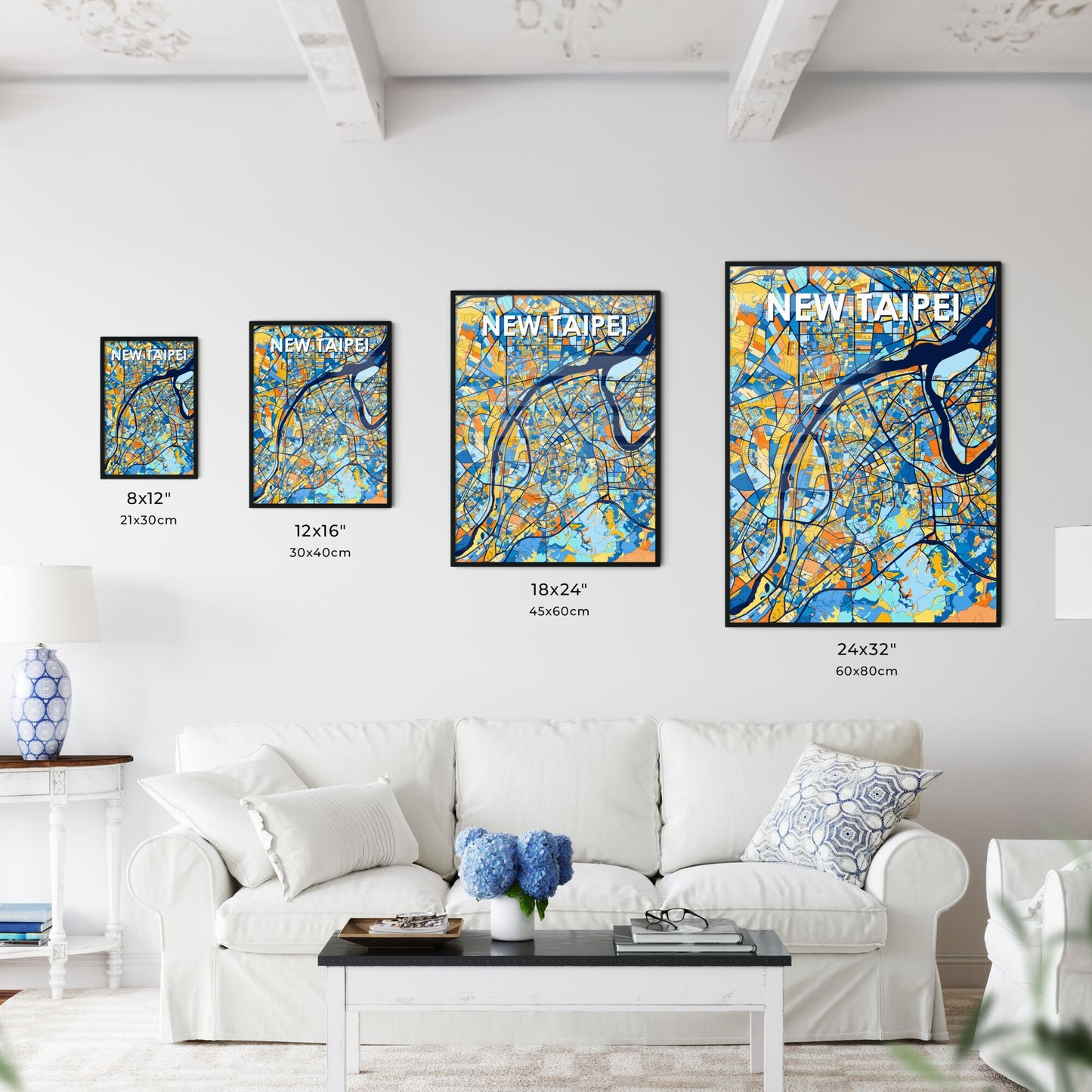 NEW TAIPEI TAIWAN Vibrant Colorful Art Map Poster Blue Orange