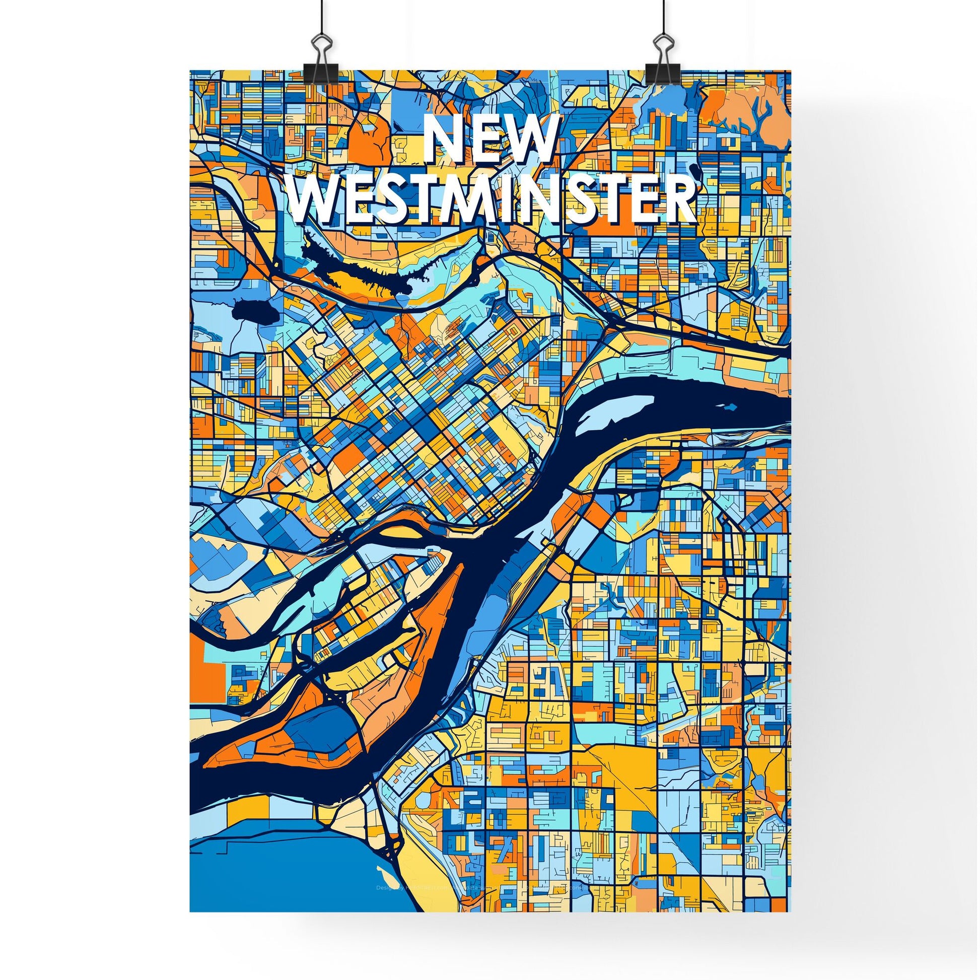 NEW WESTMINSTER CANADA Vibrant Colorful Art Map Poster Blue Orange