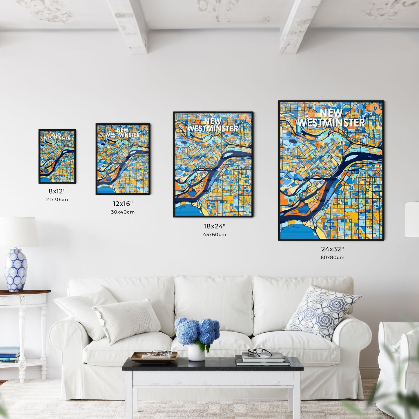 NEW WESTMINSTER CANADA Vibrant Colorful Art Map Poster Blue Orange