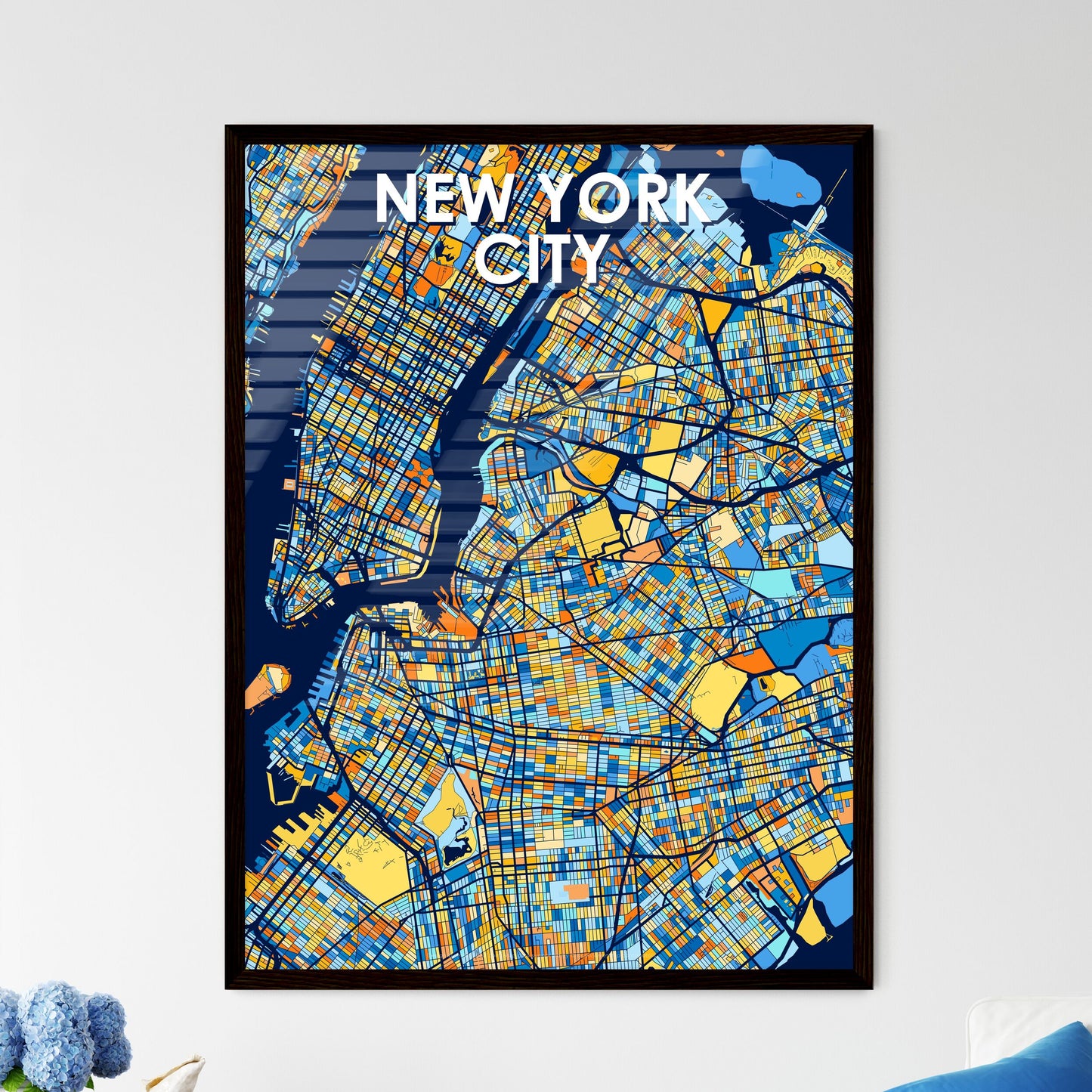 NEW YORK CITY UNITED STATES Vibrant Colorful Art Map Poster Blue Orange