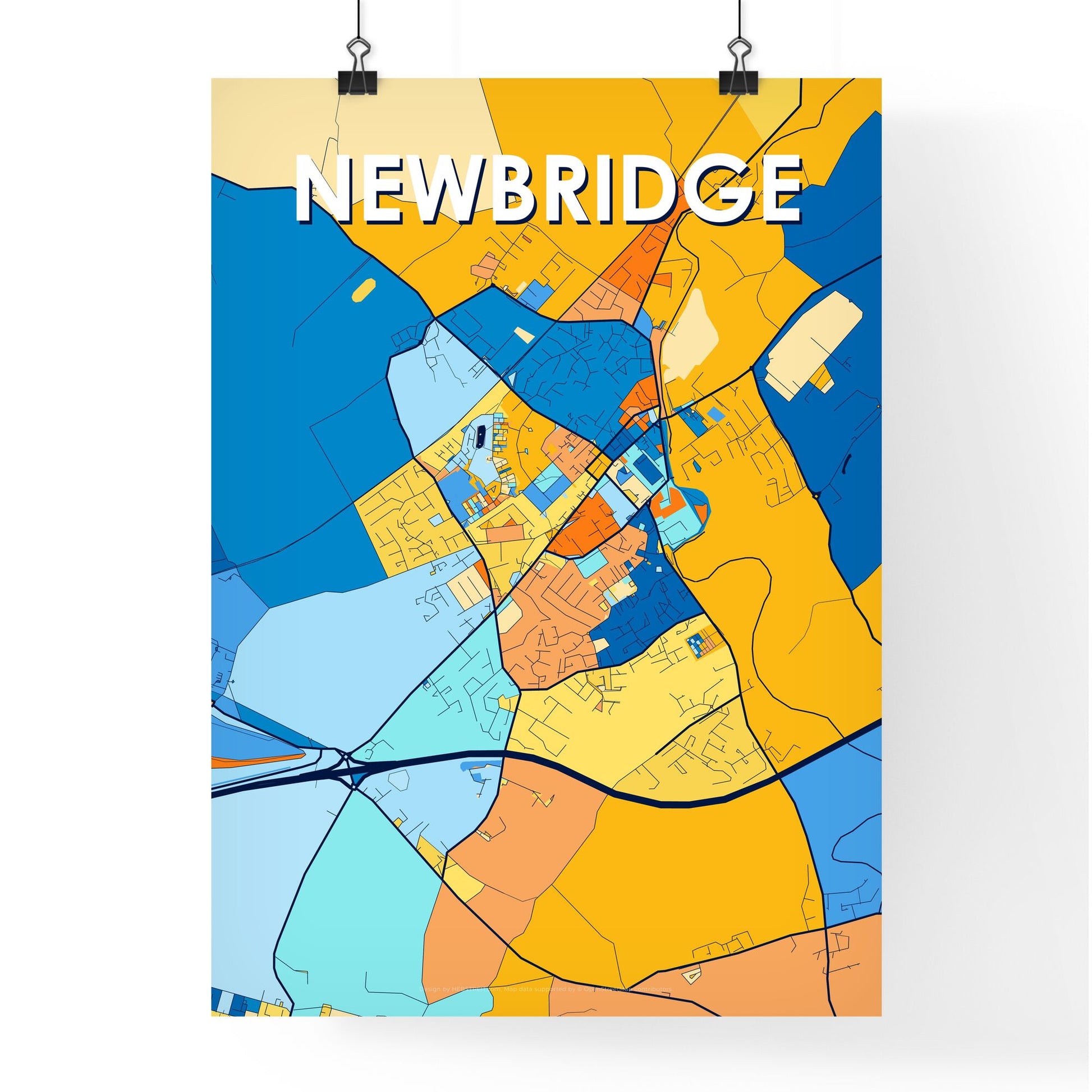 NEWBRIDGE IRELAND Vibrant Colorful Art Map Poster Blue Orange