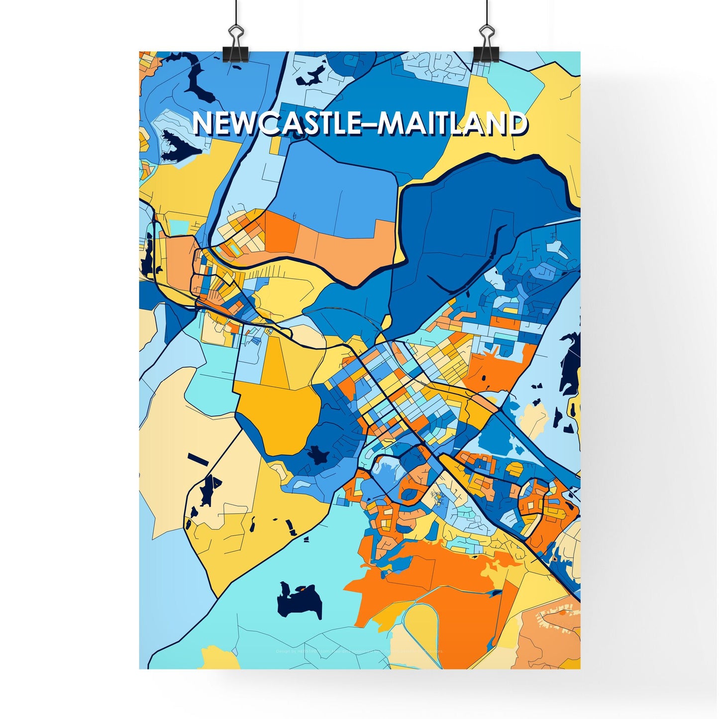 NEWCASTLE–MAITLAND AUSTRALIA Vibrant Colorful Art Map Poster Blue Orange