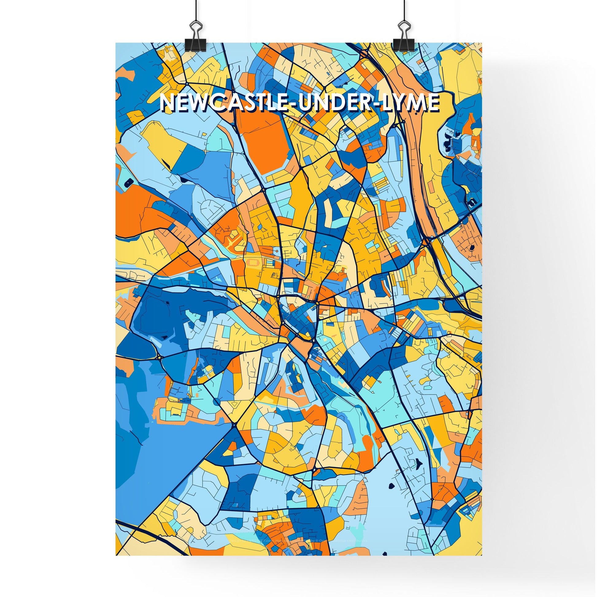 NEWCASTLE-UNDER-LYME ENGLAND Vibrant Colorful Art Map Poster Blue Orange