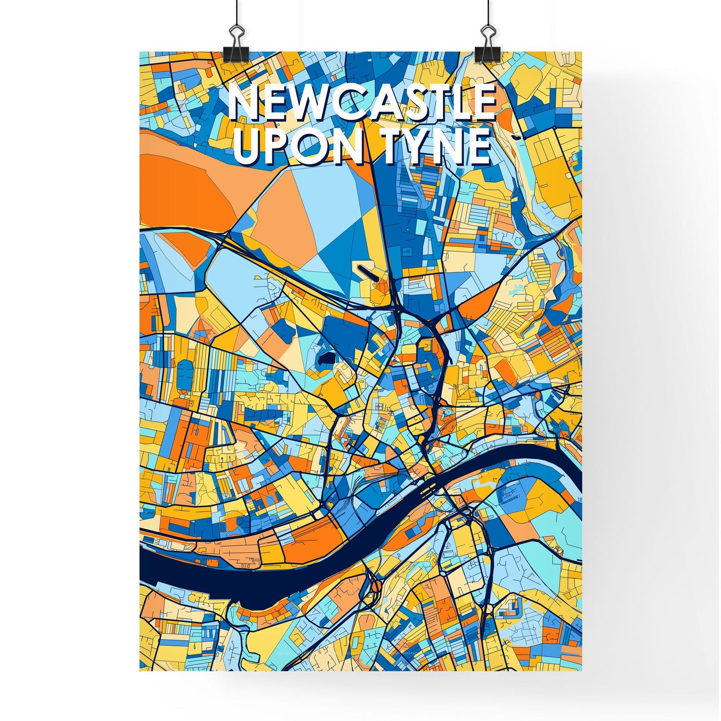 NEWCASTLE UPON TYNE ENGLAND Vibrant Colorful Art Map Poster Blue Orange