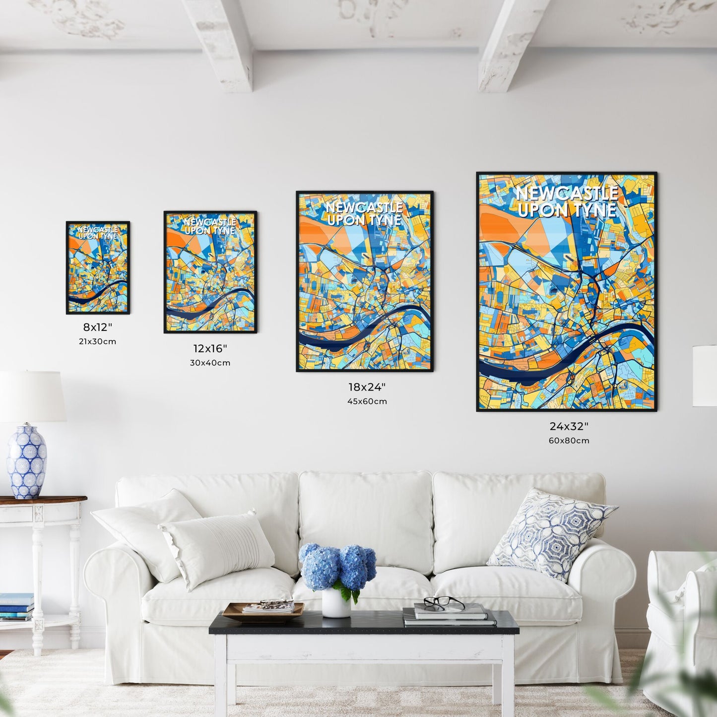 NEWCASTLE UPON TYNE ENGLAND Vibrant Colorful Art Map Poster Blue Orange