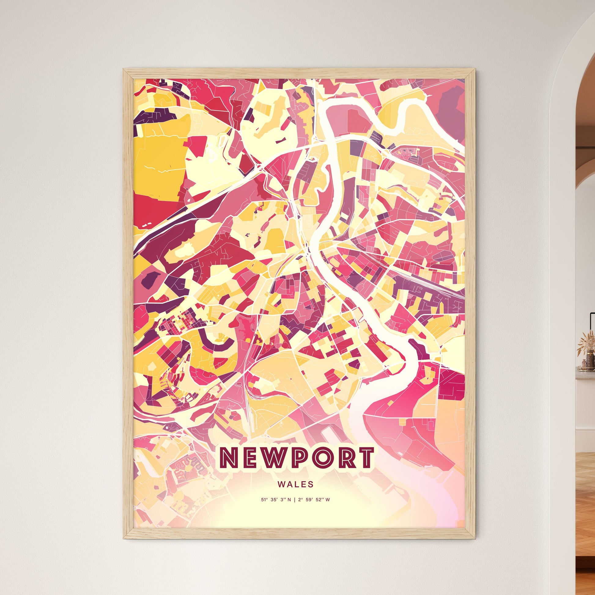 Colorful Newport Wales Fine Art Map Hot Red