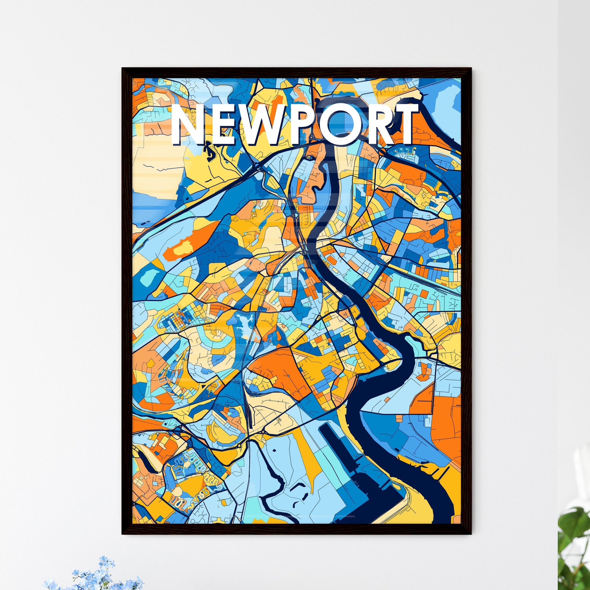 NEWPORT WALES Vibrant Colorful Art Map Poster Blue Orange