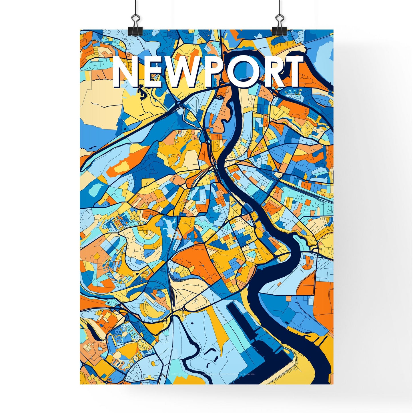 NEWPORT WALES Vibrant Colorful Art Map Poster Blue Orange